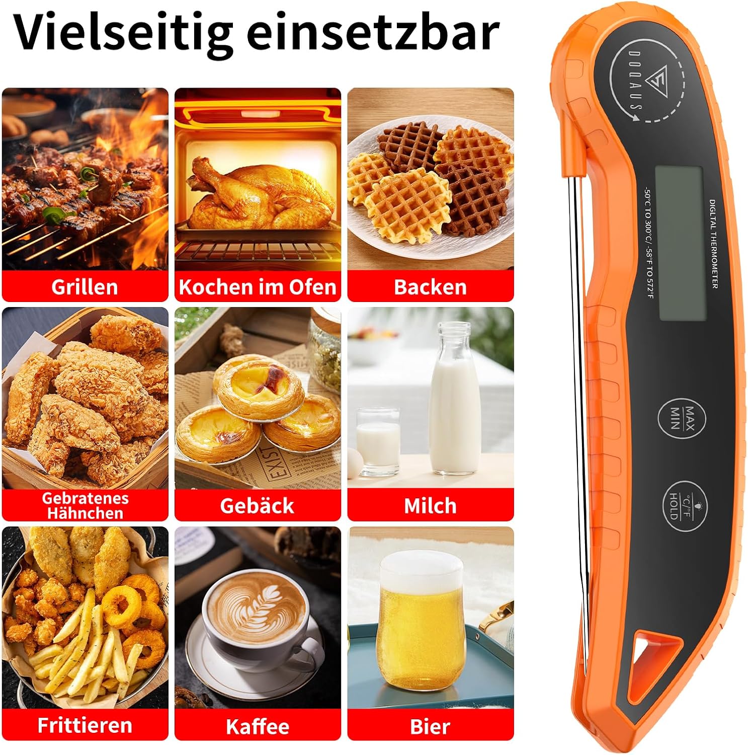 Thumbnail 5 de DOQAUS Fleischthermometer Digital – präzise 3‑Sekunden-Lesung mit LED-Hintergrund und faltbarer Sonde