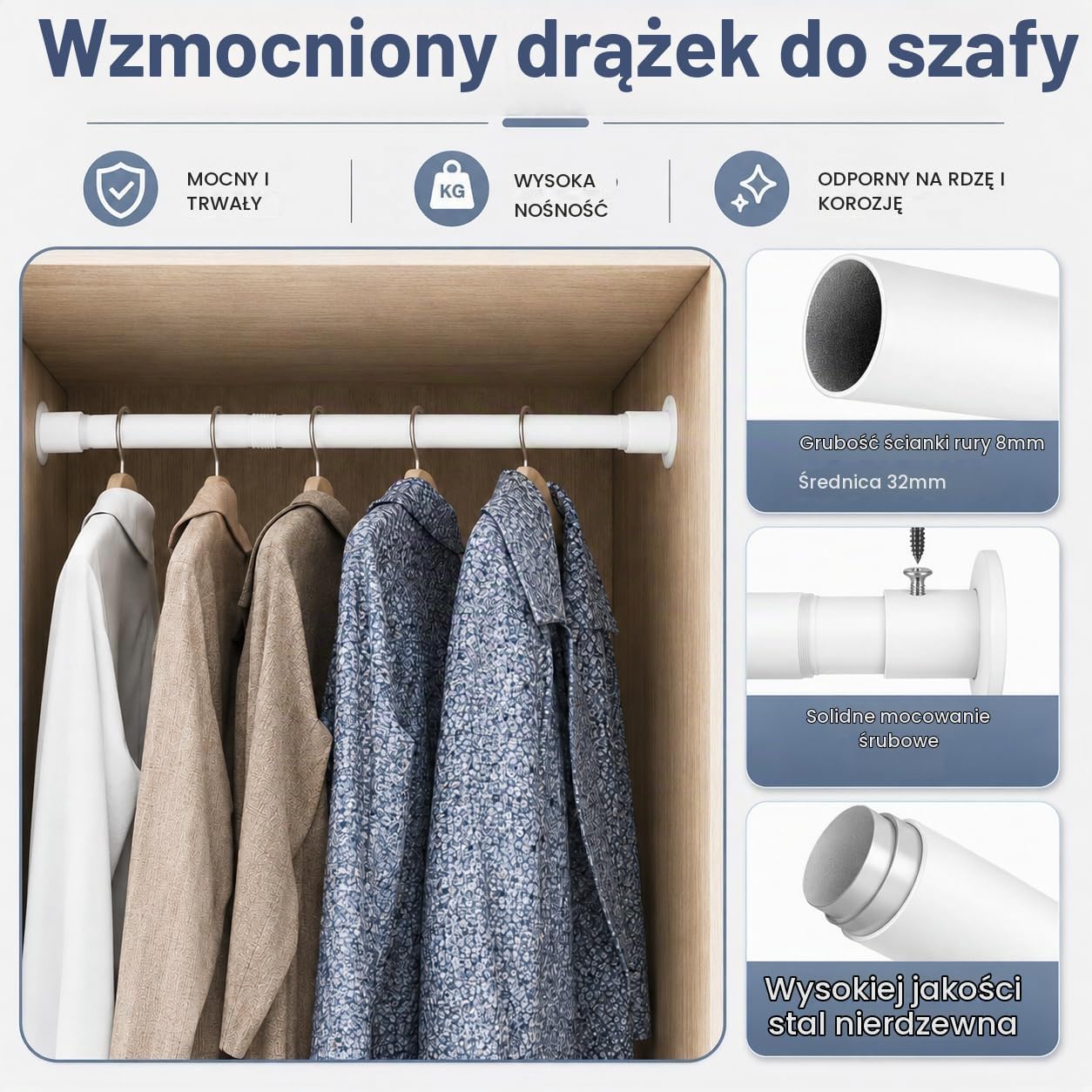 Detalle de GDEVKHN regulowany drążek do szafy 85–235 cm, metalowy, biały, Ø 32 mm