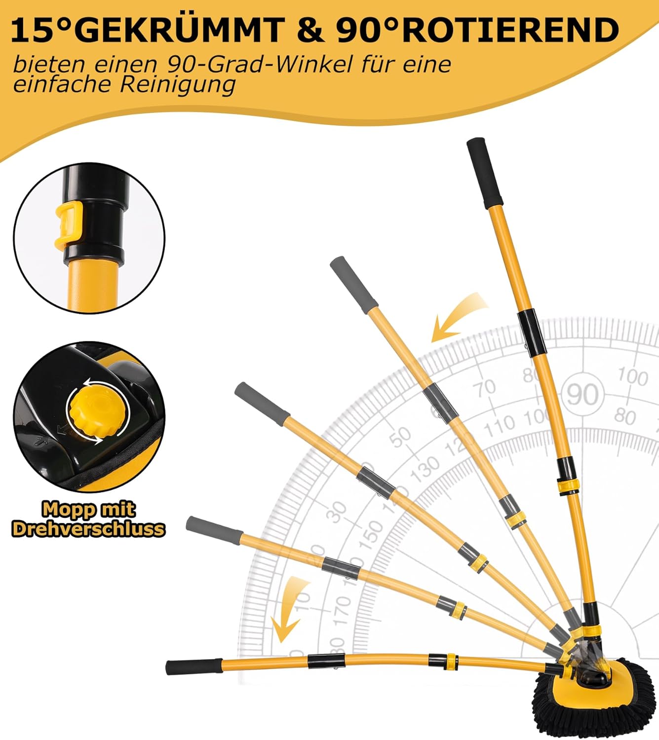 Thumbnail 3 de anngrowy 15° Bogen Autowaschbürste mit Stiel (144 cm) – Teleskop-Waschbürste mit 2 Mop-Köpfen
