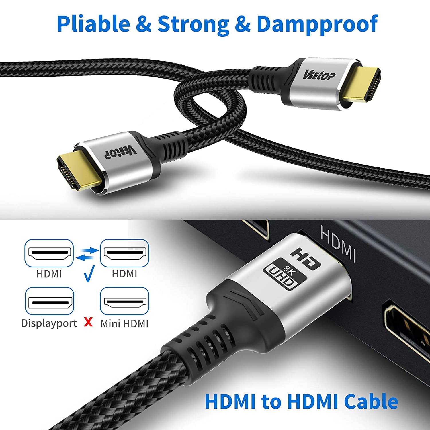 Thumbnail 4 de VEEtOP Veetop 8K HDMI 2.1 Cable (1m) with 48Gbps, Dynamic HDR, eARC and HDCP 2.2