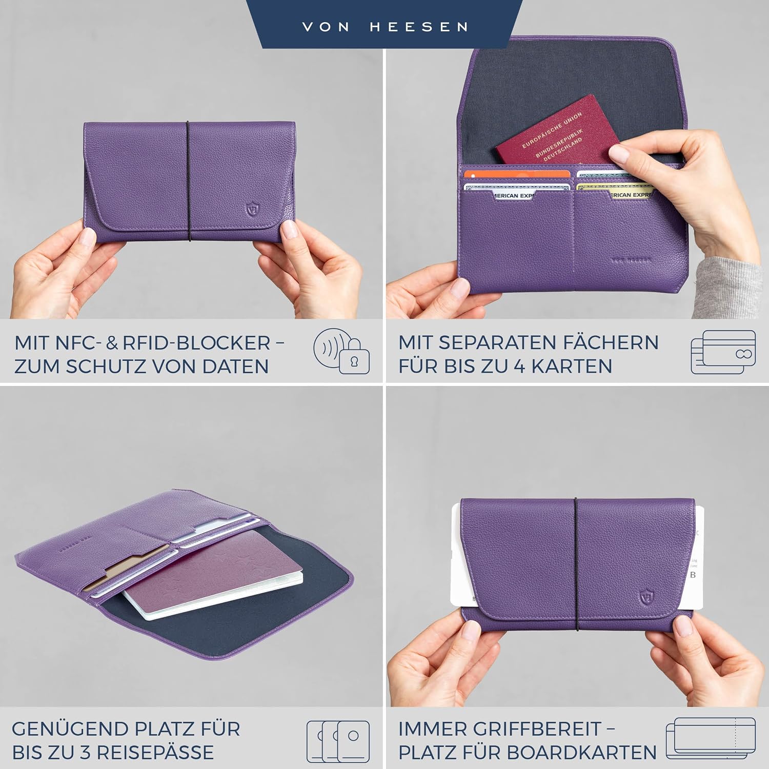 Detalle 2 de VON HEESEN Leder-Reisepasshülle mit RFID-Schutz (Violet) – Passhülle & Organizer