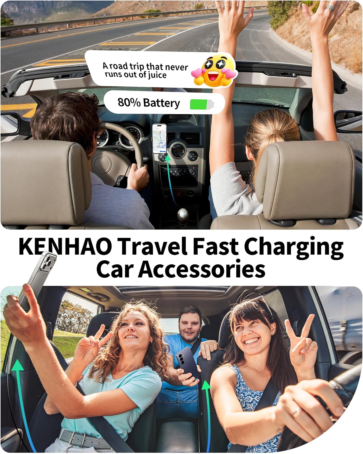 Thumbnail 6 de KENHAO 67W 3-Port Car Charger: USB-C PD + USB-A QC Fast Charge (2x USB-C, 1x USB-A)