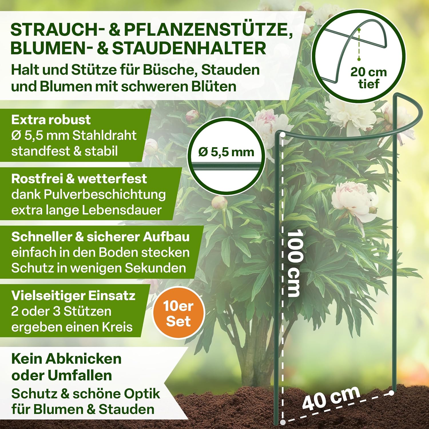 Detalle de TTL GARDEN Strauchstützen 100 cm x 40 cm | 10er Set + Klettband – rostfrei, grün