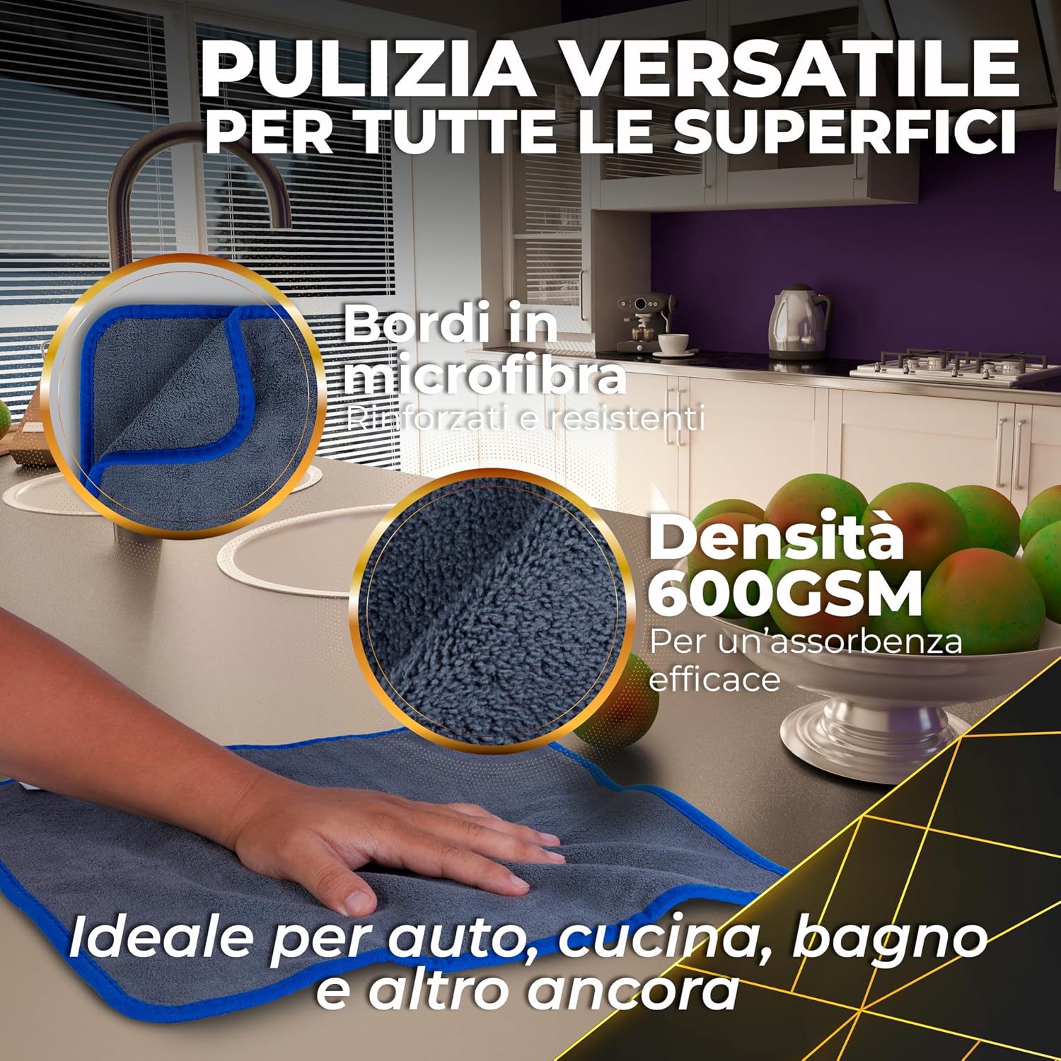 Detalle de Vehilex Set Panni Microfibra Ultra Assorbenti 4x 40x40 cm + Pelle di Daino 66x43 cm – 600 GSM