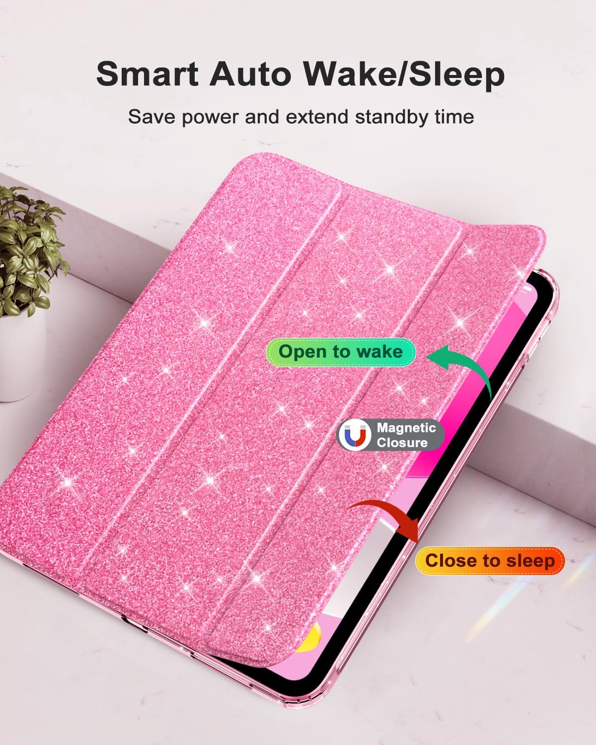 Thumbnail 6 de MoKo Sparkly Case for iPad 11 (A16) 11th Gen (2025) / iPad 10.9 (2022) 10th Gen with Touch ID & auto sleep/wake, Glitter Pink