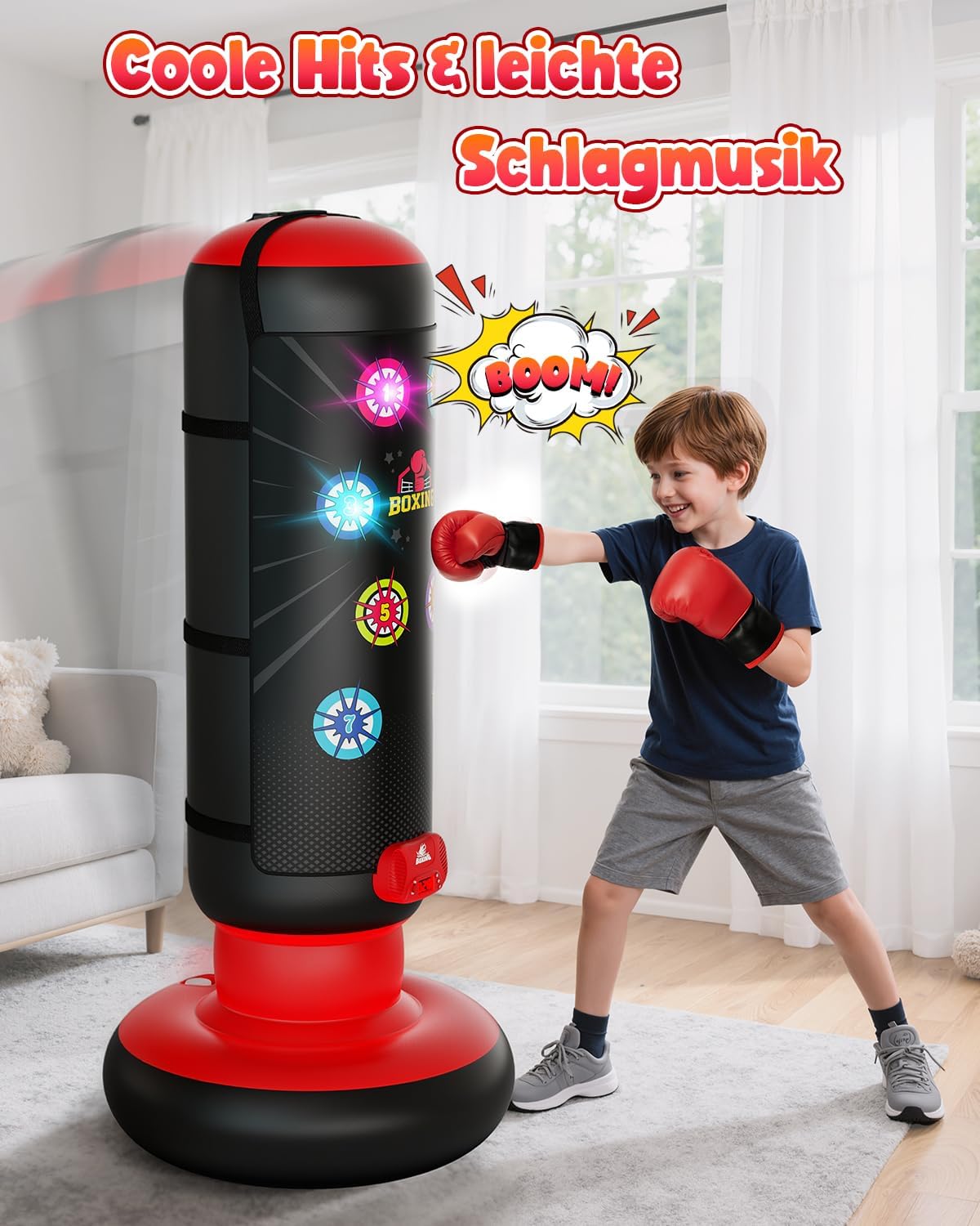 Detalle 2 de Boxsack Kinder – Stehender, interaktiv mit Musik & Licht (Aufblasbar, inkl. Boxhandschuh)