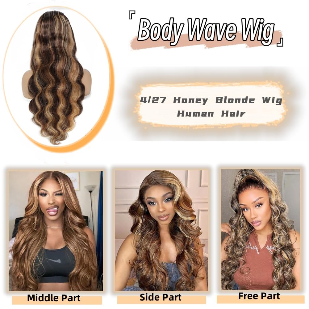 Detalle de Sunelk Honey Blonde Ombre Lace Front Wig (Human Hair, 13x6 HD Lace, 200% Density, Body Wave)