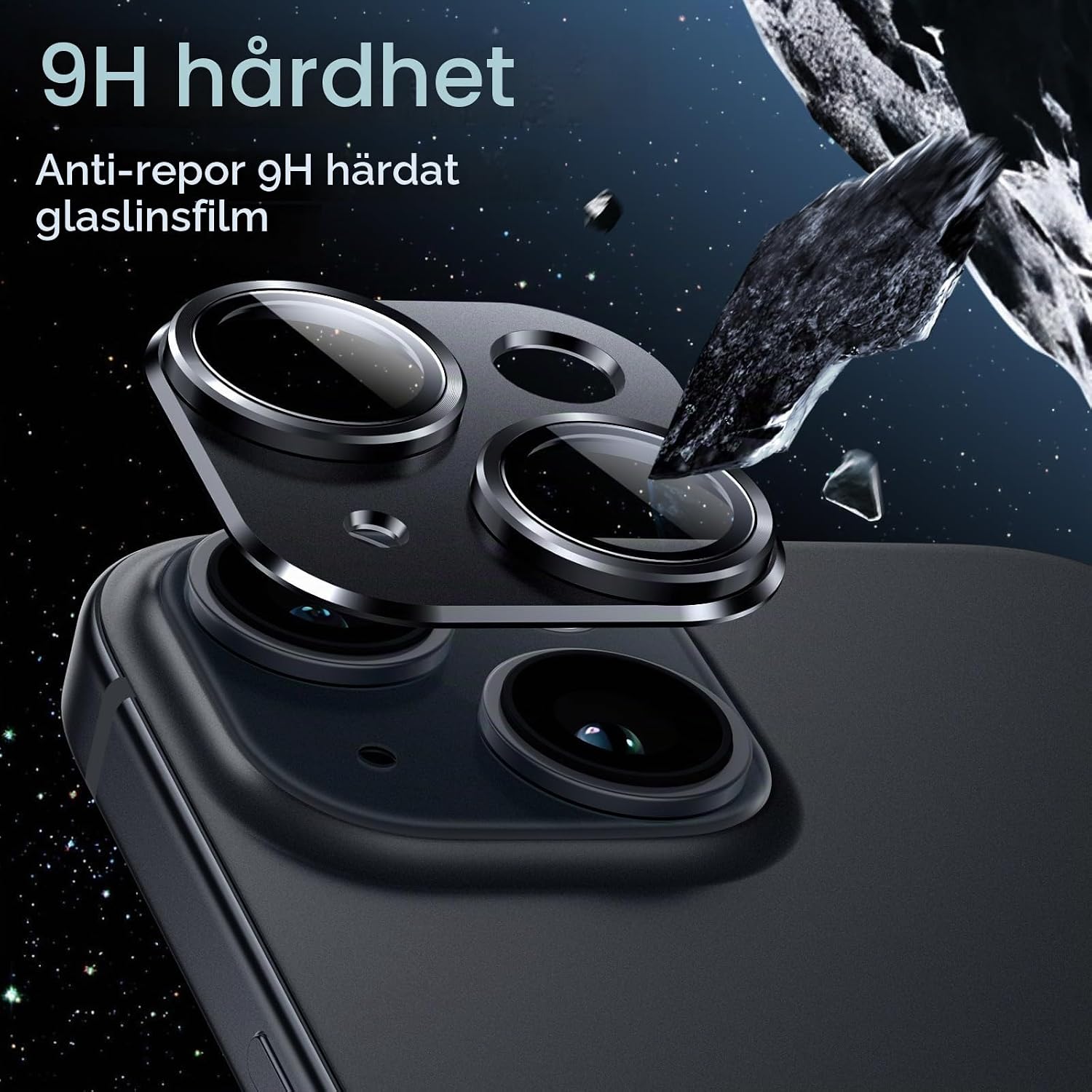 Detalle de JETech kameralinsskydd för iPhone 15/15 Plus, midnatt, 9H-glas