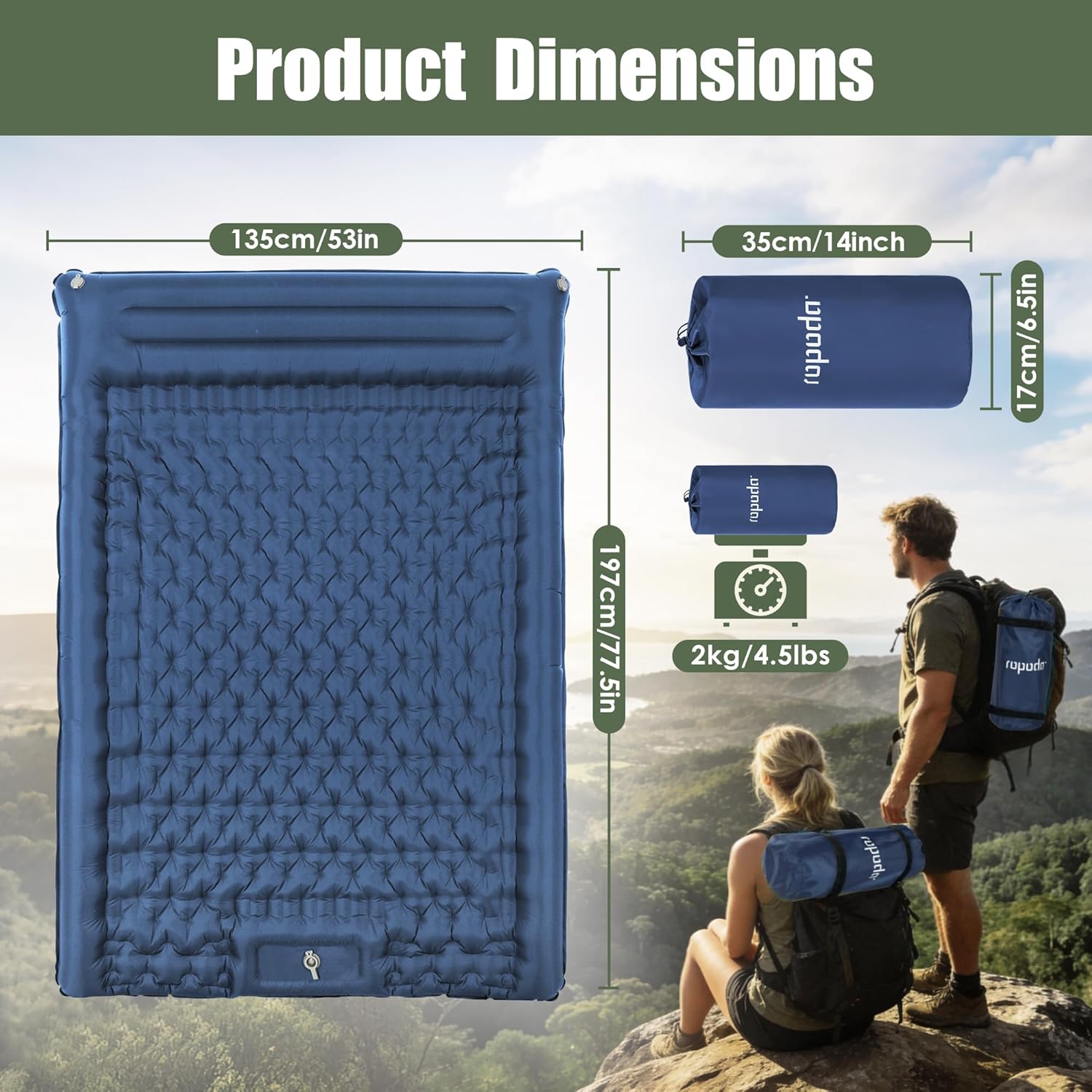 Thumbnail 6 de ROPODA Double Inflatable Camping Mattress: Ultralight 2-Person Sleeping Pad with Built-in Pillow