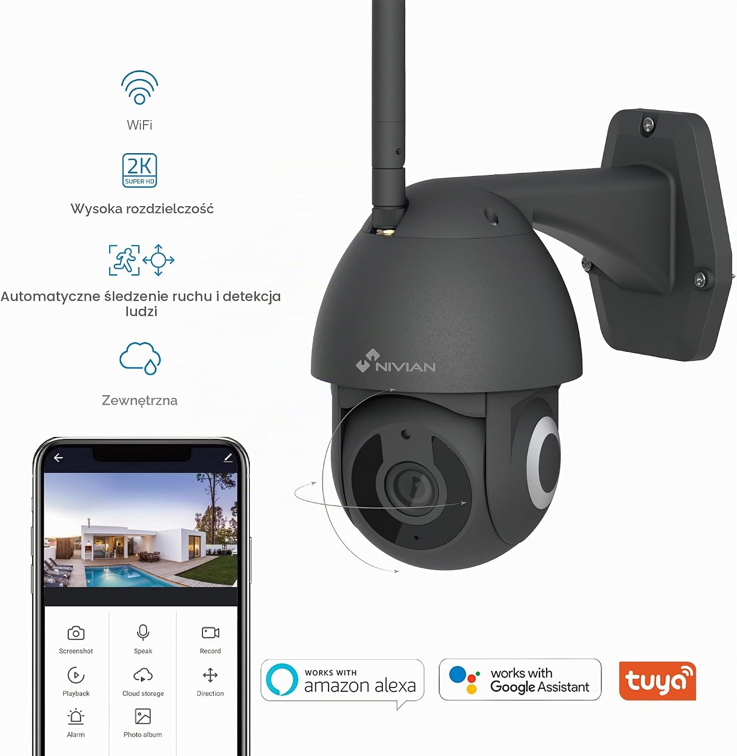 Detalle 2 de NIVIAN NVS-IPC-0S2B – kamera PTZ Wi-Fi 2K z Auto-Tracking i IP65