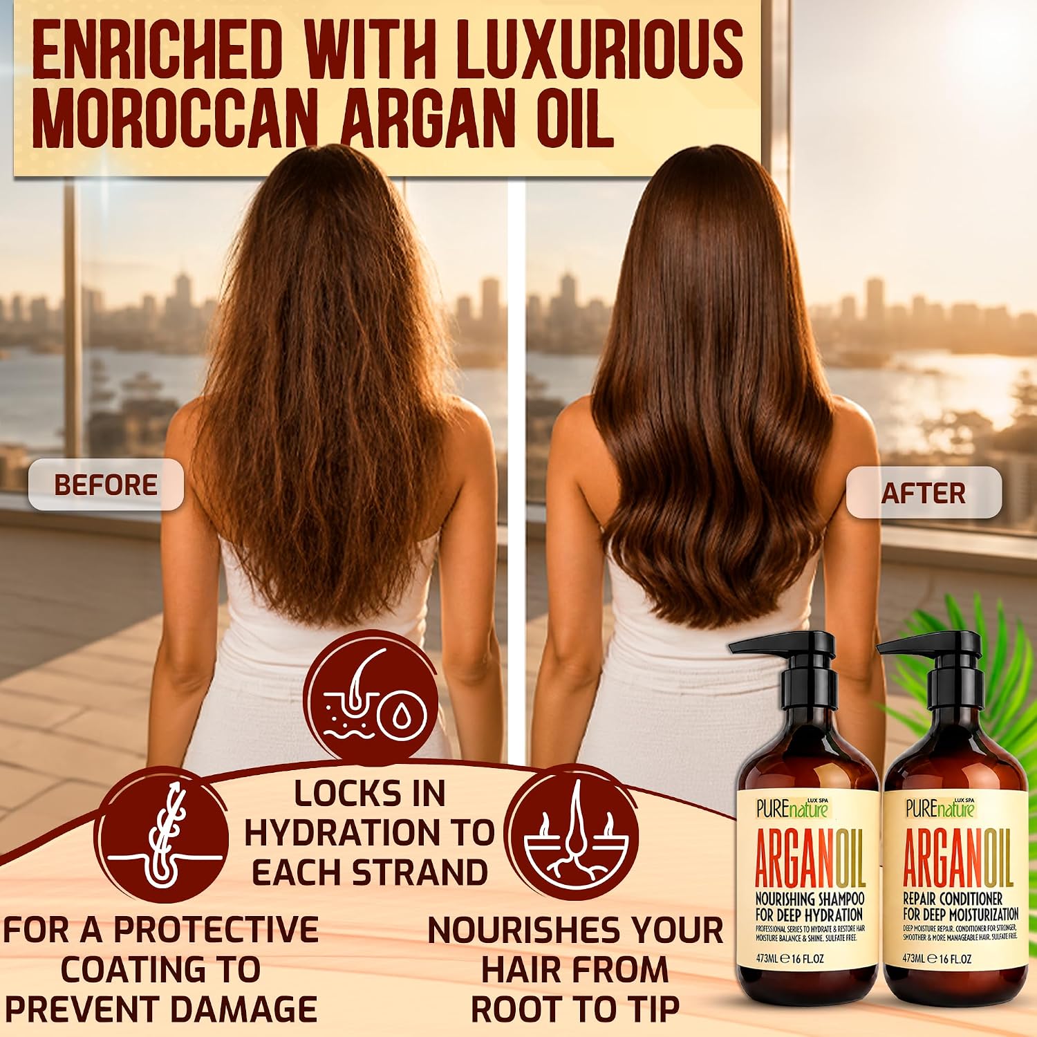 Detalle de PURE NATURE LUX SPA Moroccan Argan Oil Shampoo and Conditioner Set, Sulfate-Free with Keratin