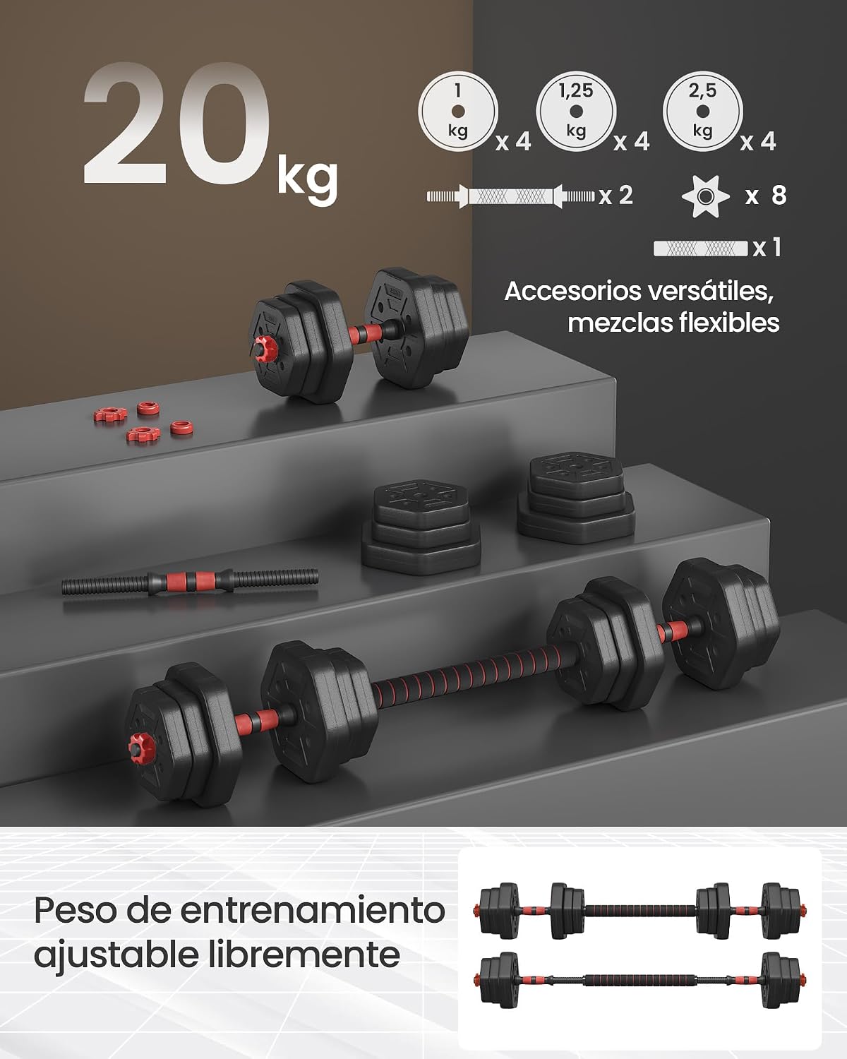 Detalle 2 de SONGMICS Juego de Mancuernas con Barra de Conexión SYL200B01 — 20 kg en Pack Hexagonal y Barra Corta
