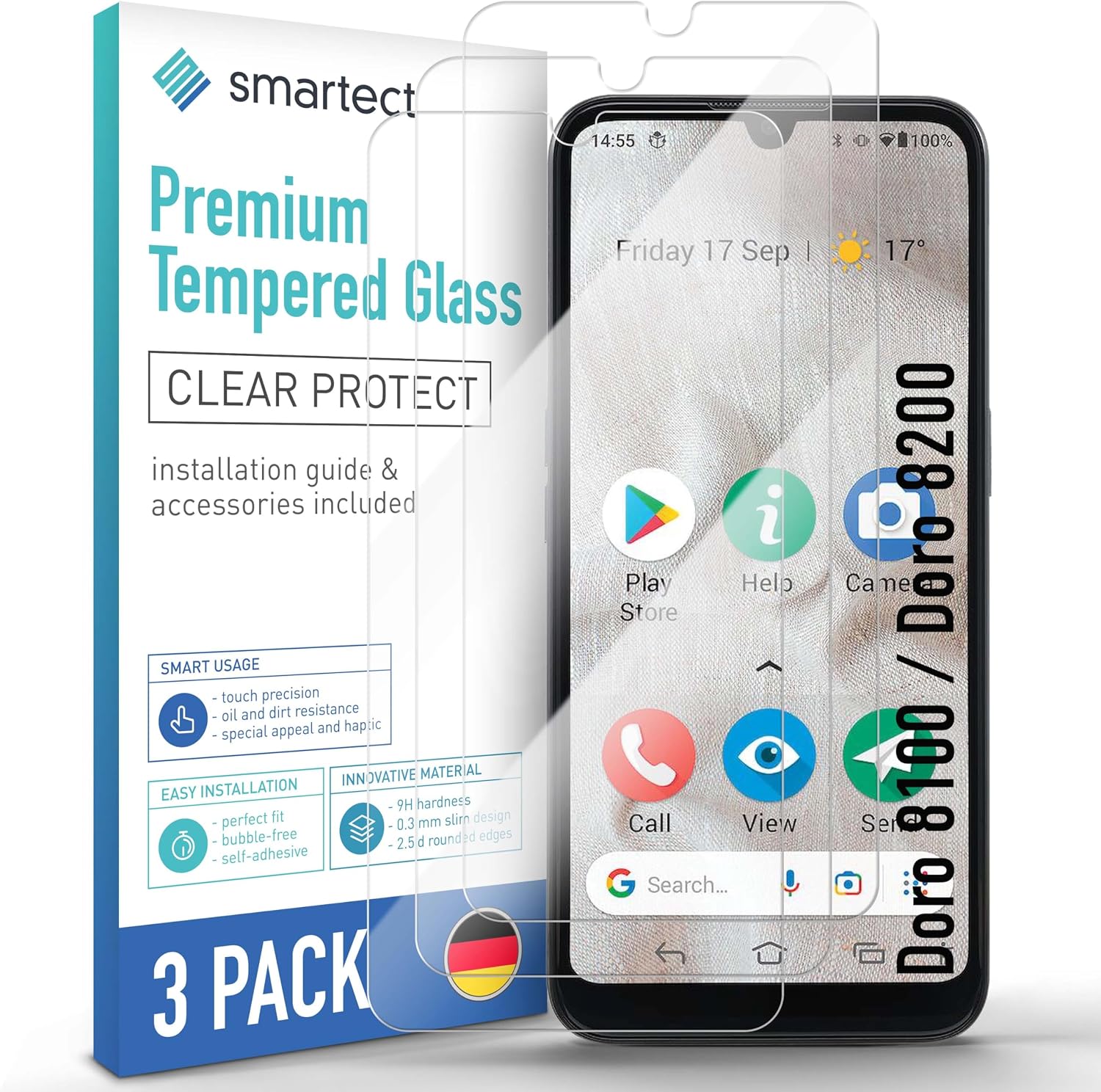 Detalle de SmarTect Tempered Glass Screen Protectors for Doro 8100/8200, 9H, 0.3 mm, 3-Pack