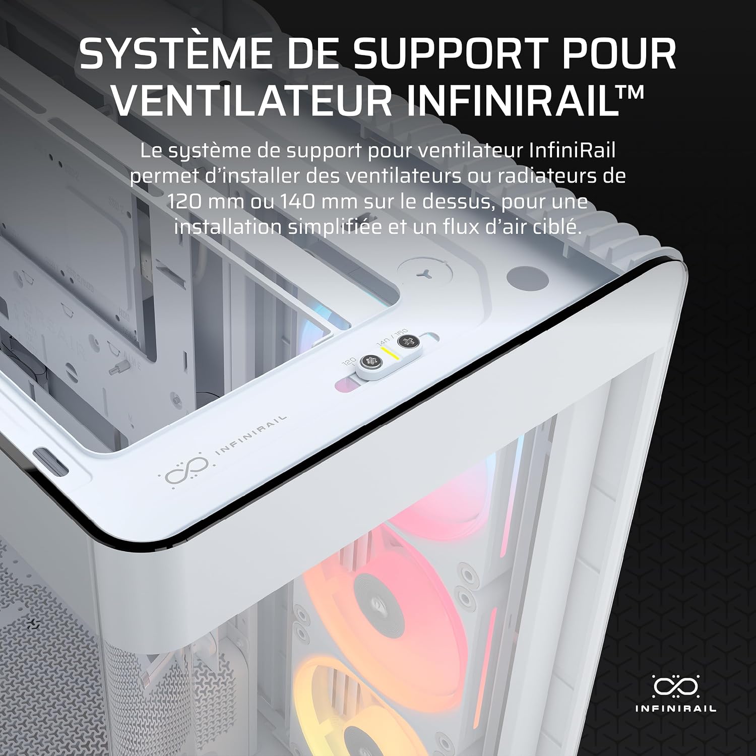 Detalle de CORSAIR Frame 4500X LX-R RGB Link – boîtier moyen-tour blanc avec verre panoramique et système InfiniRail