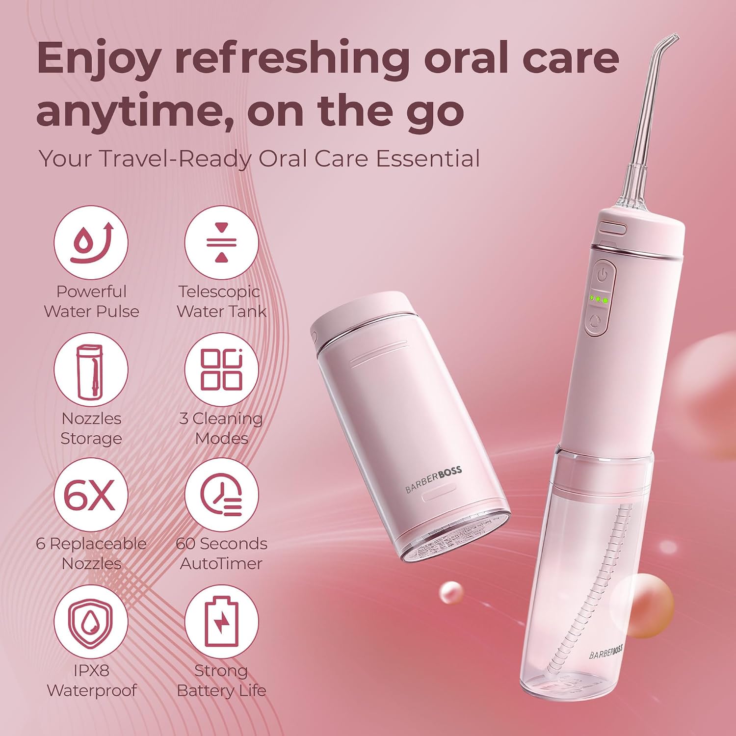 Thumbnail 2 de BarberBoss Travel Oral Irrigator (QR-7113, Pink): Cordless USB-C Water Flosser for Travel