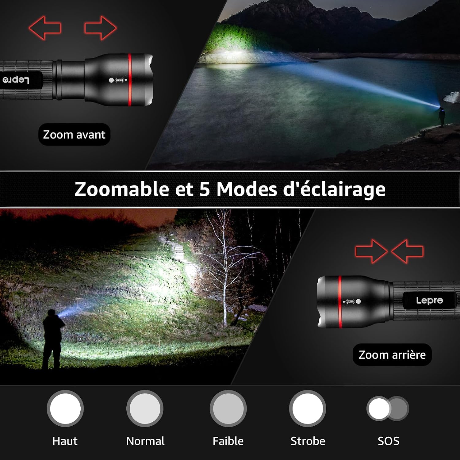 Detalle de Lepro LE2050 lampe torche LED zoomable 5 modes IPX4 (lot de 2)
