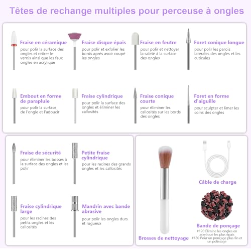 Thumbnail 7 de POFIBO Ponceuse à ongles sans fil 12-en-1, 35 000 tr/min et écran LCD