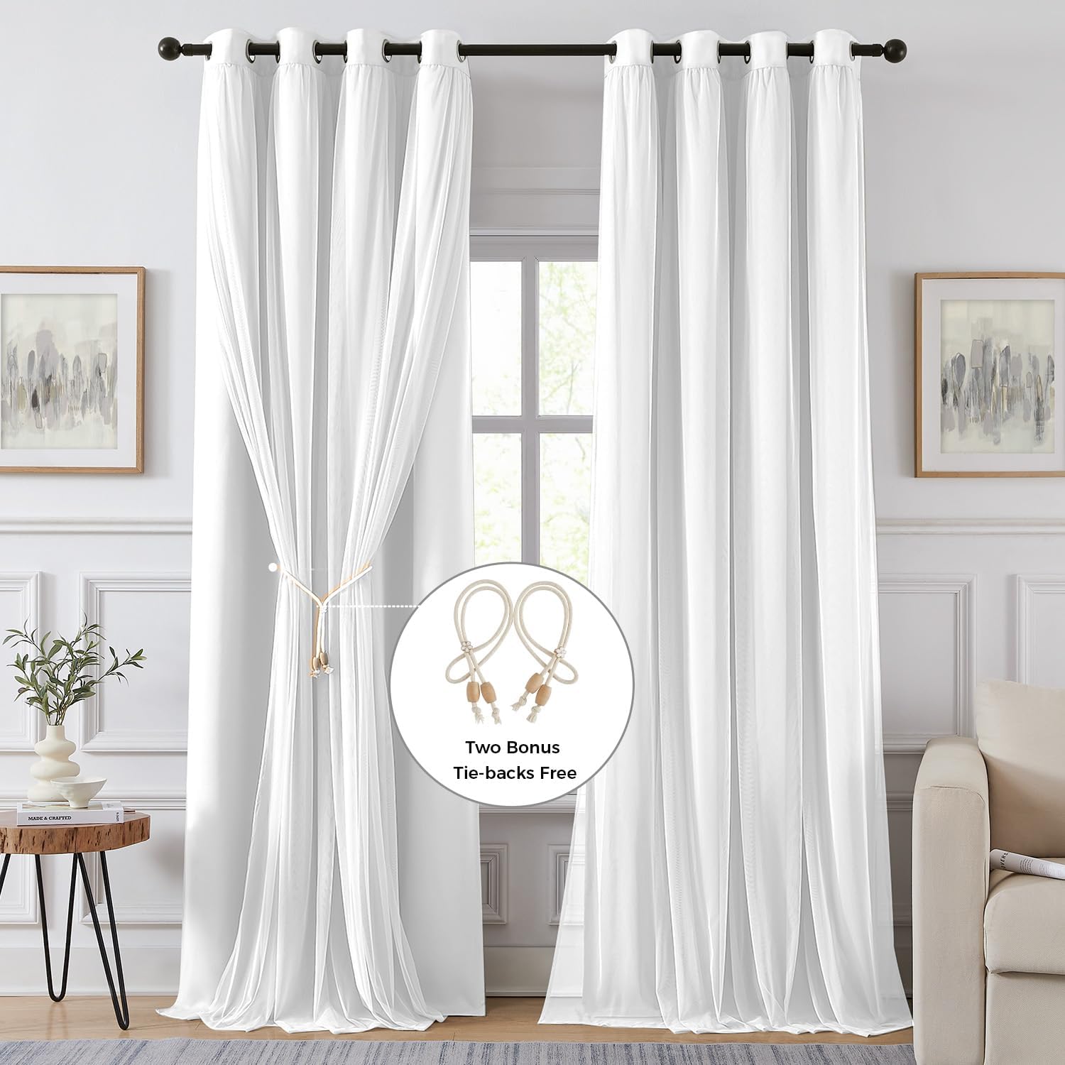 Detalle 2 de Swandream Double Layer Blackout Curtains, White, 52" x 84", 2 Panels