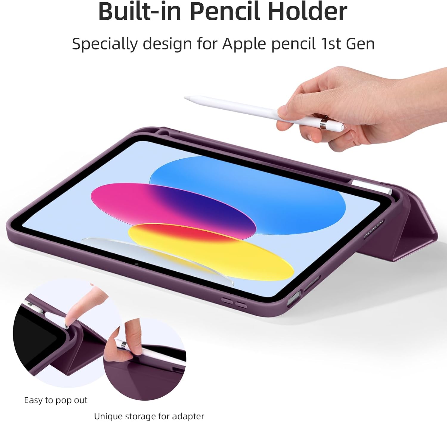 Detalle 2 de Vobafe Case for iPad (A16) 11th/10th Generation – Flexible TPU Back, Trifold Stand, Pencil Holder, Auto Wake/Sleep (Blackberry Purple)