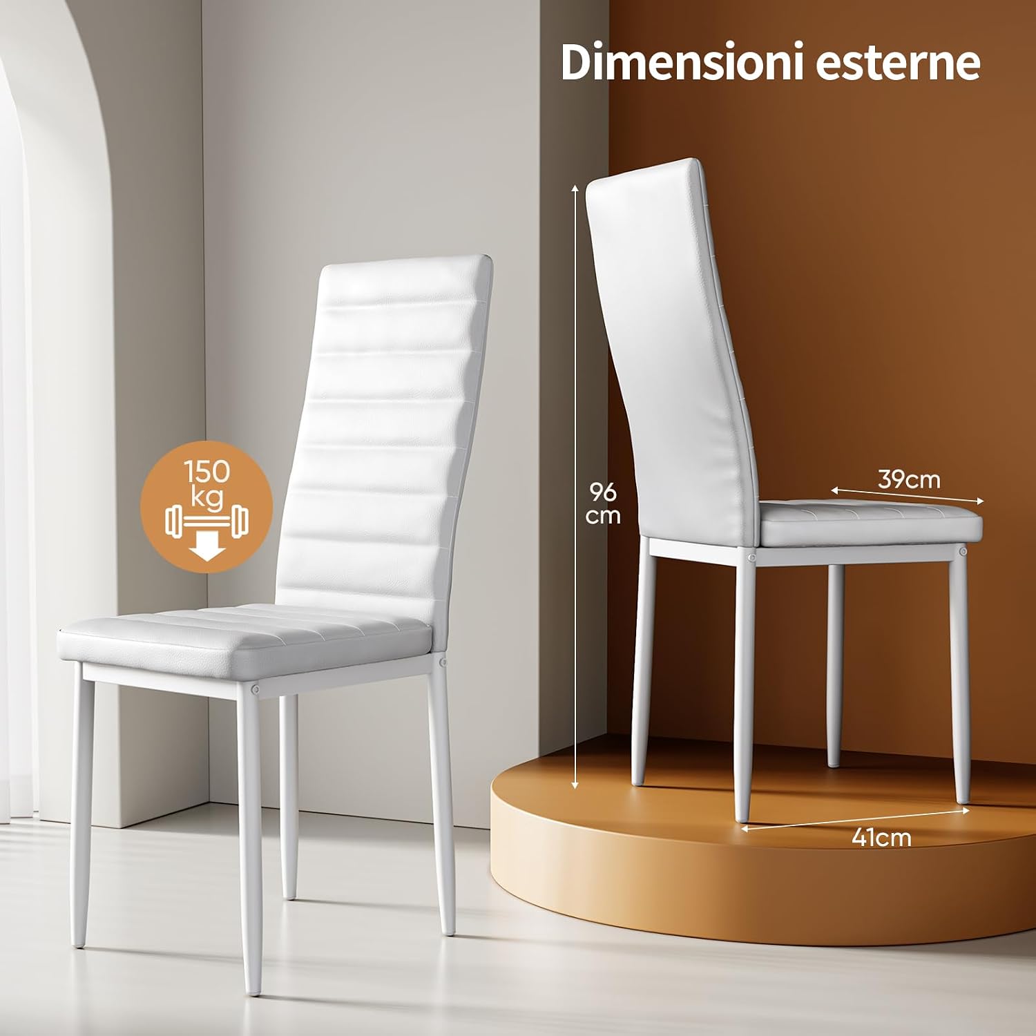 Detalle de Bealife eetkamerstoelen van kunstleer, set van 6, wit met hoge rugleuning
