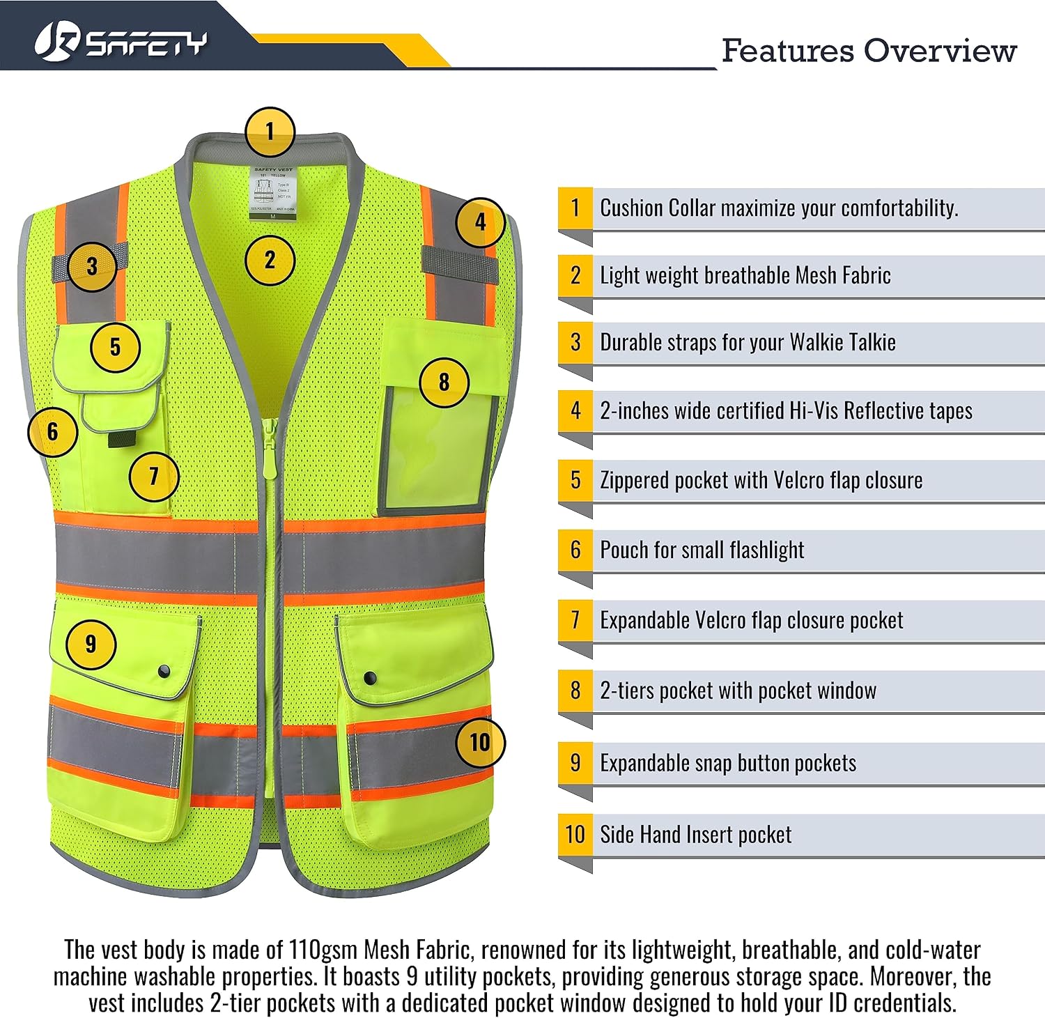 Detalle 2 de JKSafety 9 Pockets Hi-Vis Safety Vest XL 🦺
