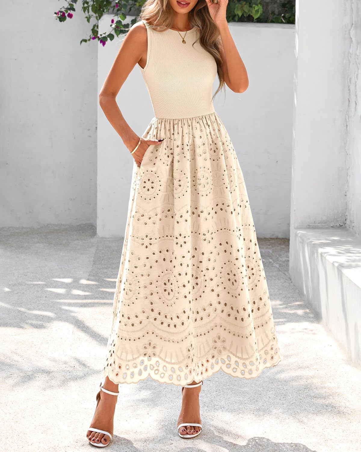 Detalle de Dowerme Summer Lace Eyelet Maxi Dress with Pockets – Boho Cotton Sleeveless A-Line