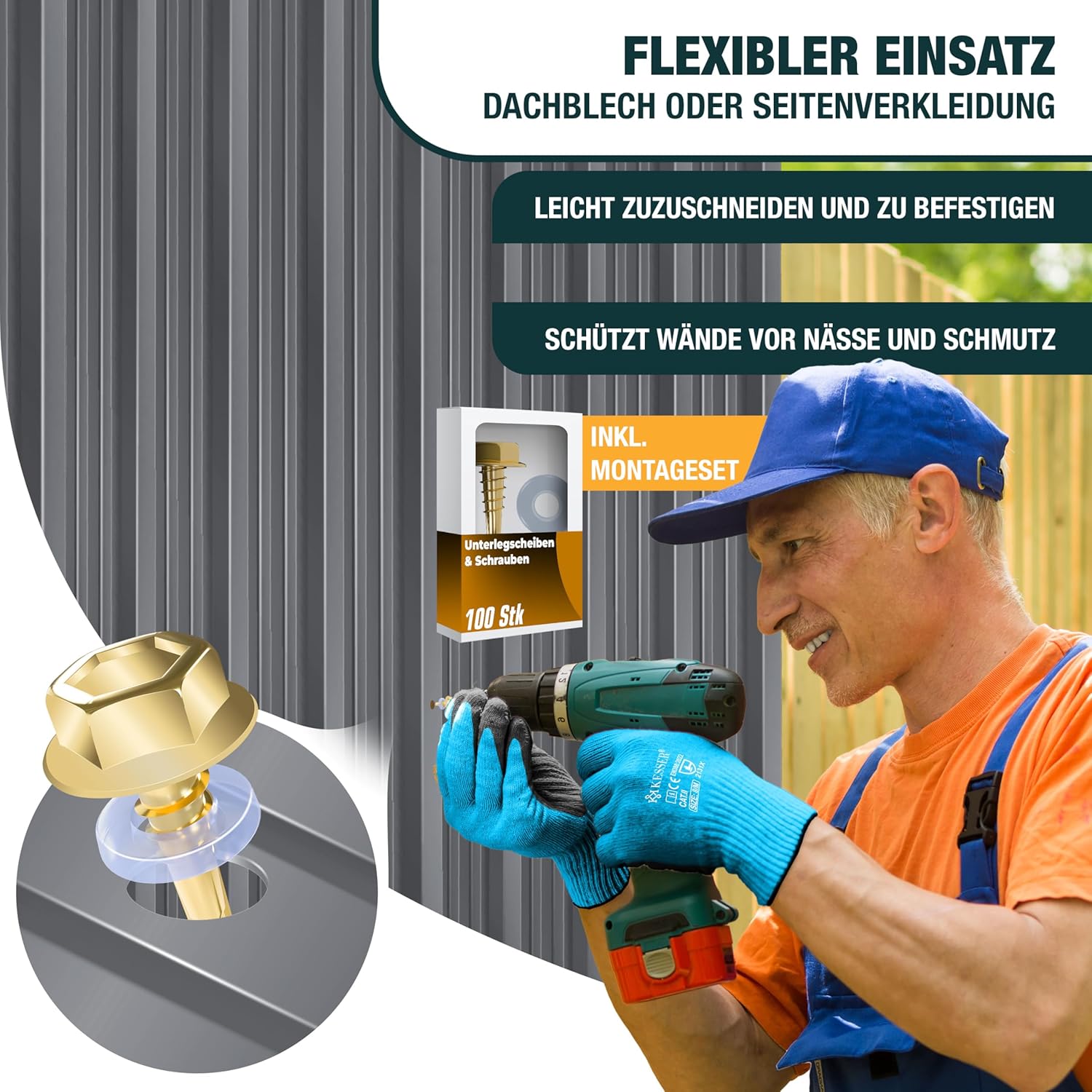 Thumbnail 5 de KESSER Trapezblech Set 12‑Stück 129×45 cm, verzinkter Stahl 0,25 mm – Dach- und Wandbleche mit Schrauben, Unterlegscheiben & Montagehandschuhen