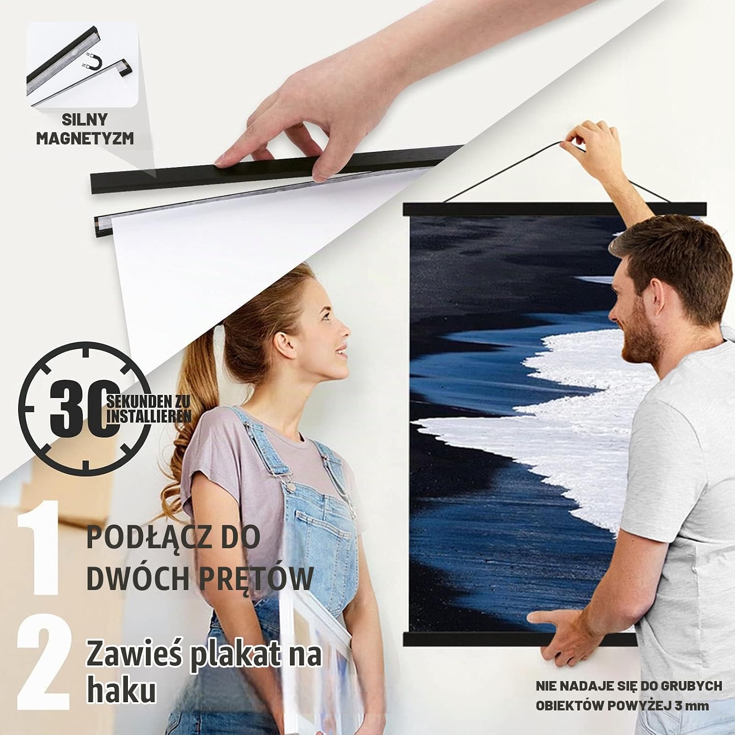 Detalle 2 de Sanauto magnetyczne listwy plakatowe 45 cm, drewniane, czarne, zestaw 2 szt.