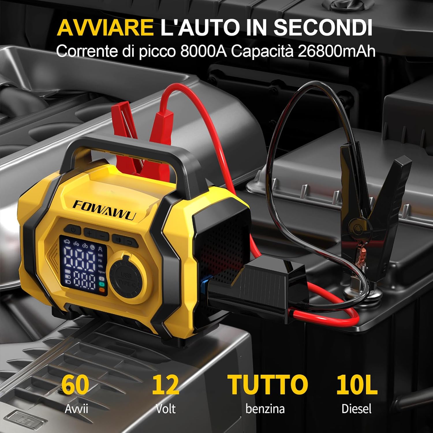 Detalle de FOWAWU Avviatore Batteria Auto con Compressore 9 in 1 – 8000A, 26800mAh, 150 psi