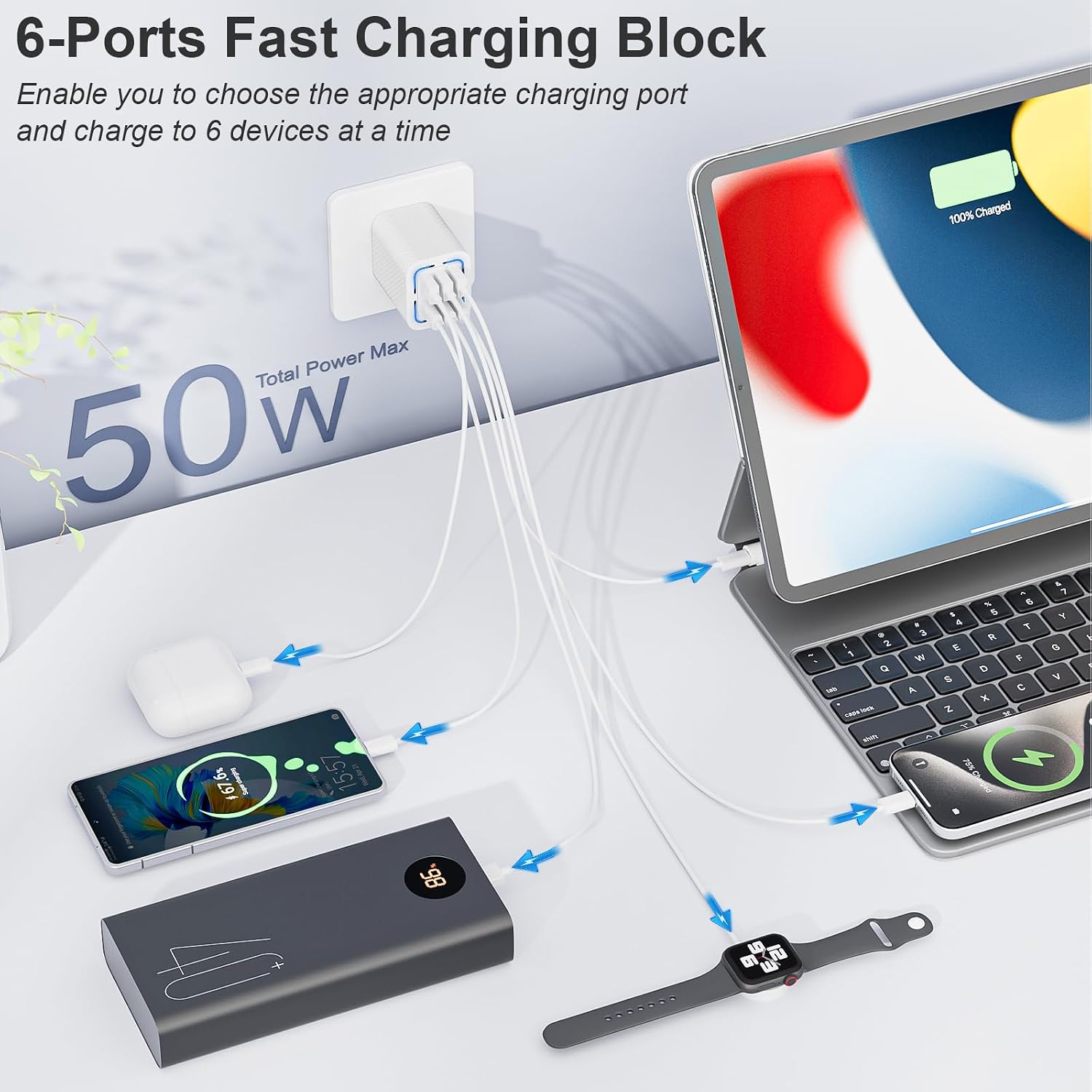 Detalle de USB C Plug 50W 6-Port Fast Charger (UK PD + QC) Black — Multiport Type C wall charger adapter