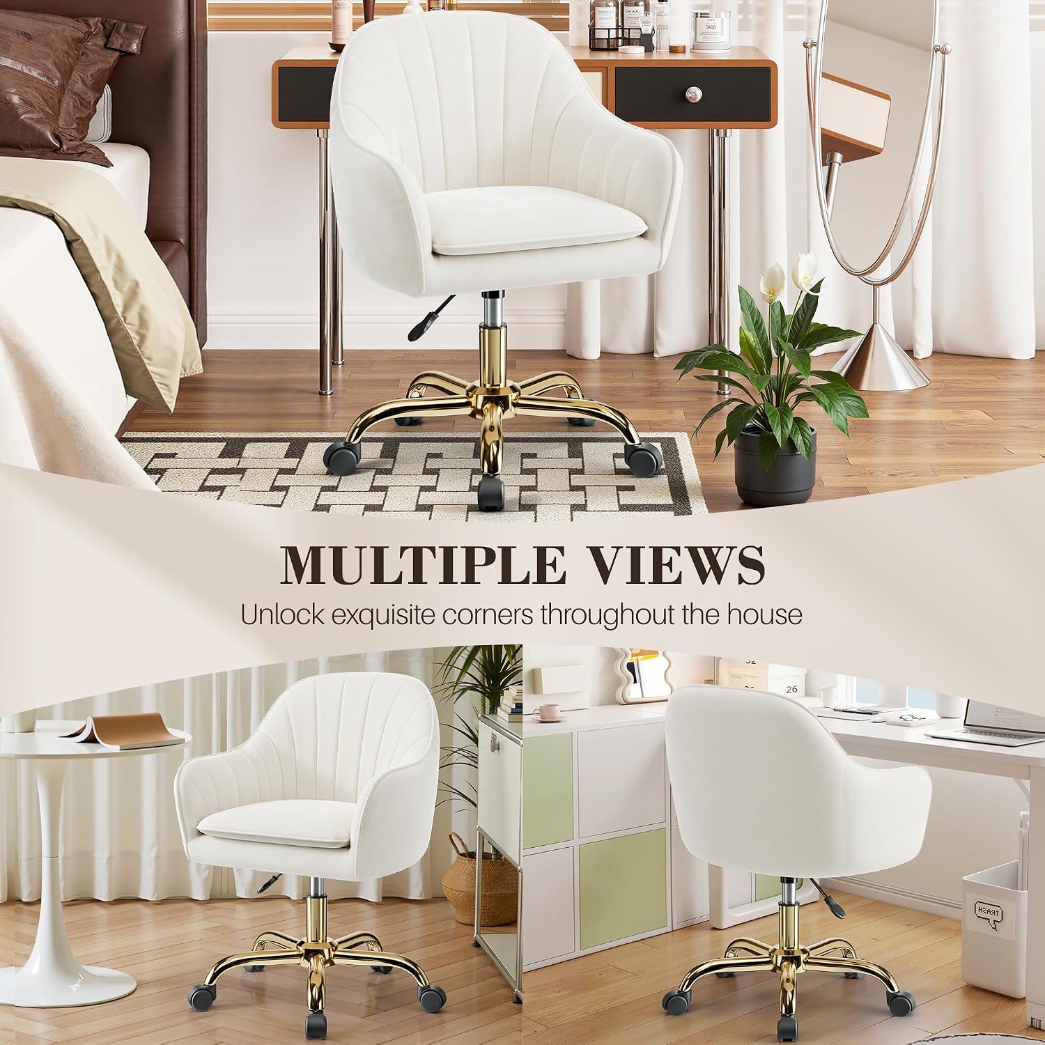 Detalle 1 de BestEra P10 Velvet Vanity Chair with Wheels, Adjustable Height, Beige