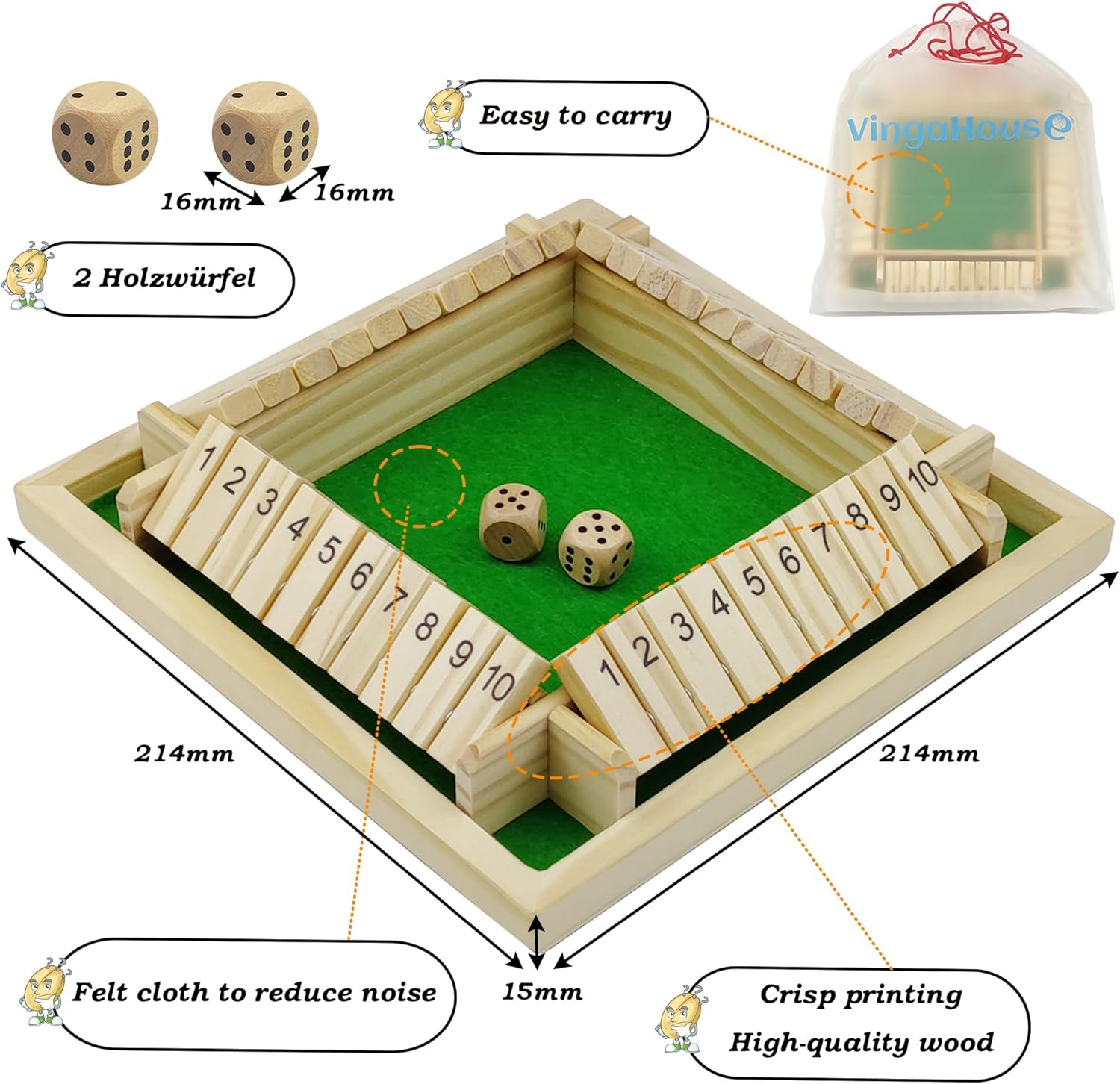 Thumbnail 4 de Shut The Box Spiel für 4 Spieler aus Lindenholz – 21,5 x 21,5 cm Würfel- & Mathe-Brettspiel