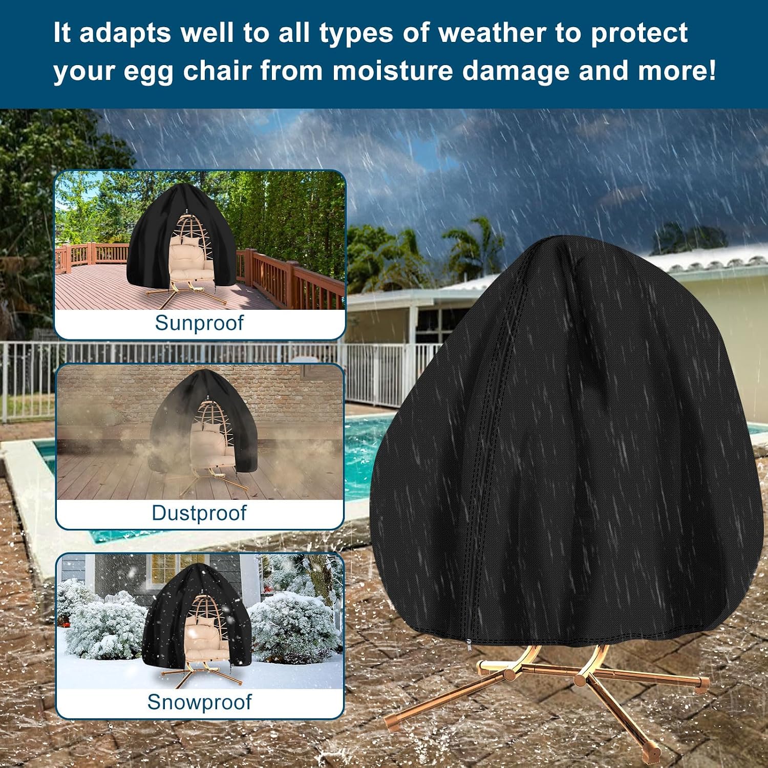 Thumbnail 6 de RICHIE Egg Chair Cover (420D Heavy Duty Oxford) – Waterproof outdoor cocoon swing egg chair cover, 200 x 230cm, black