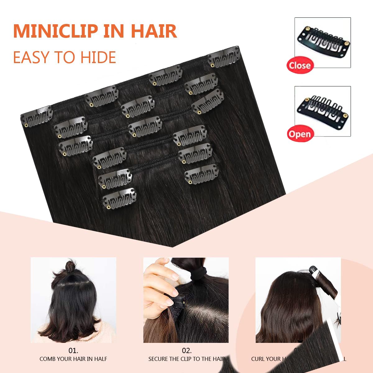 Detalle de UGOTRAYS Dark Brown Clip-in Hair Extensions (70g, 22 inches, 100% Remy Human Hair) — 7 Pieces / 16 Clips, #2