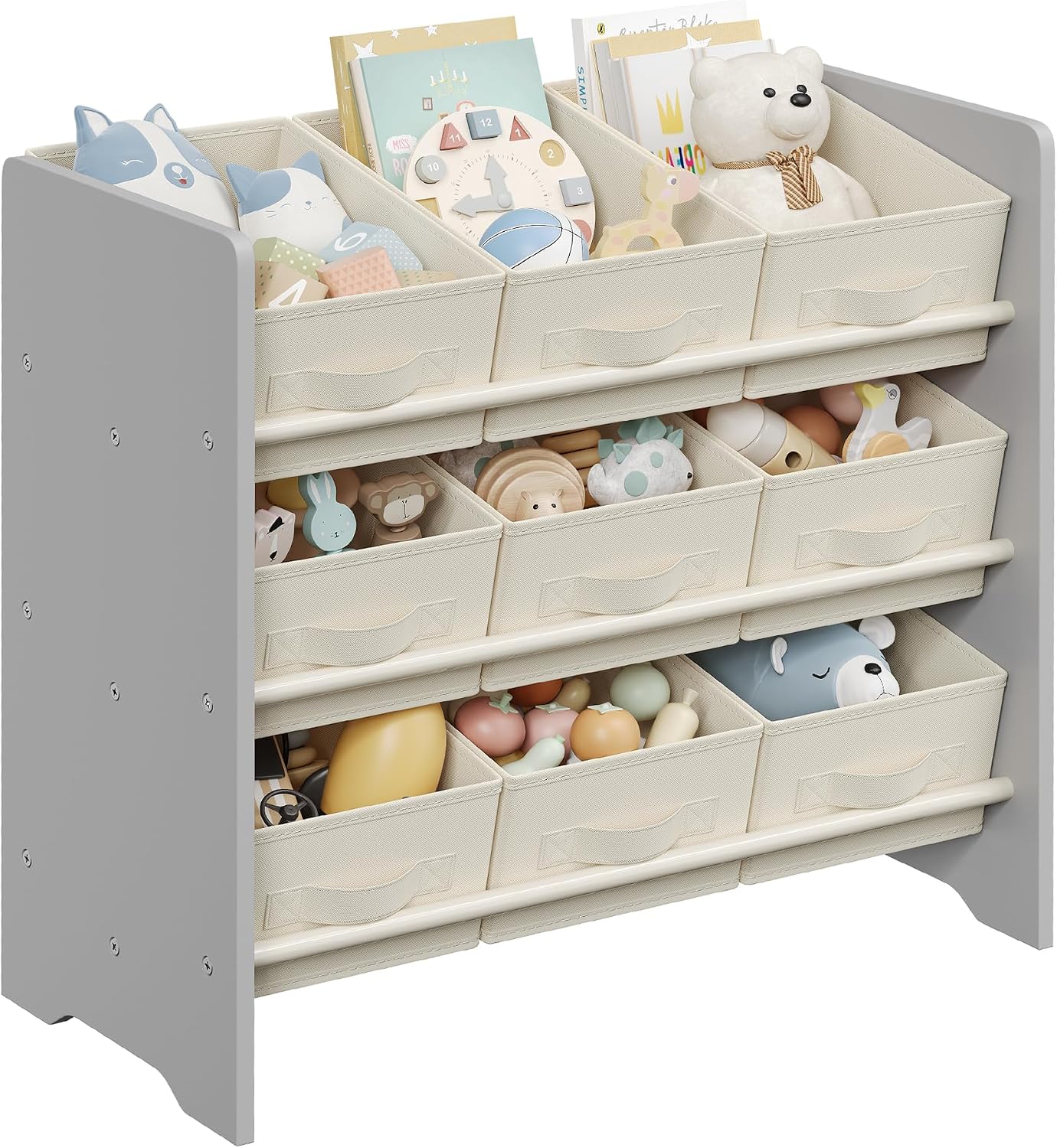 Detalle de SONGMICS GKR033G10 Toy Organiser, 9 Fabric Boxes, 3-Tier, Dove Grey