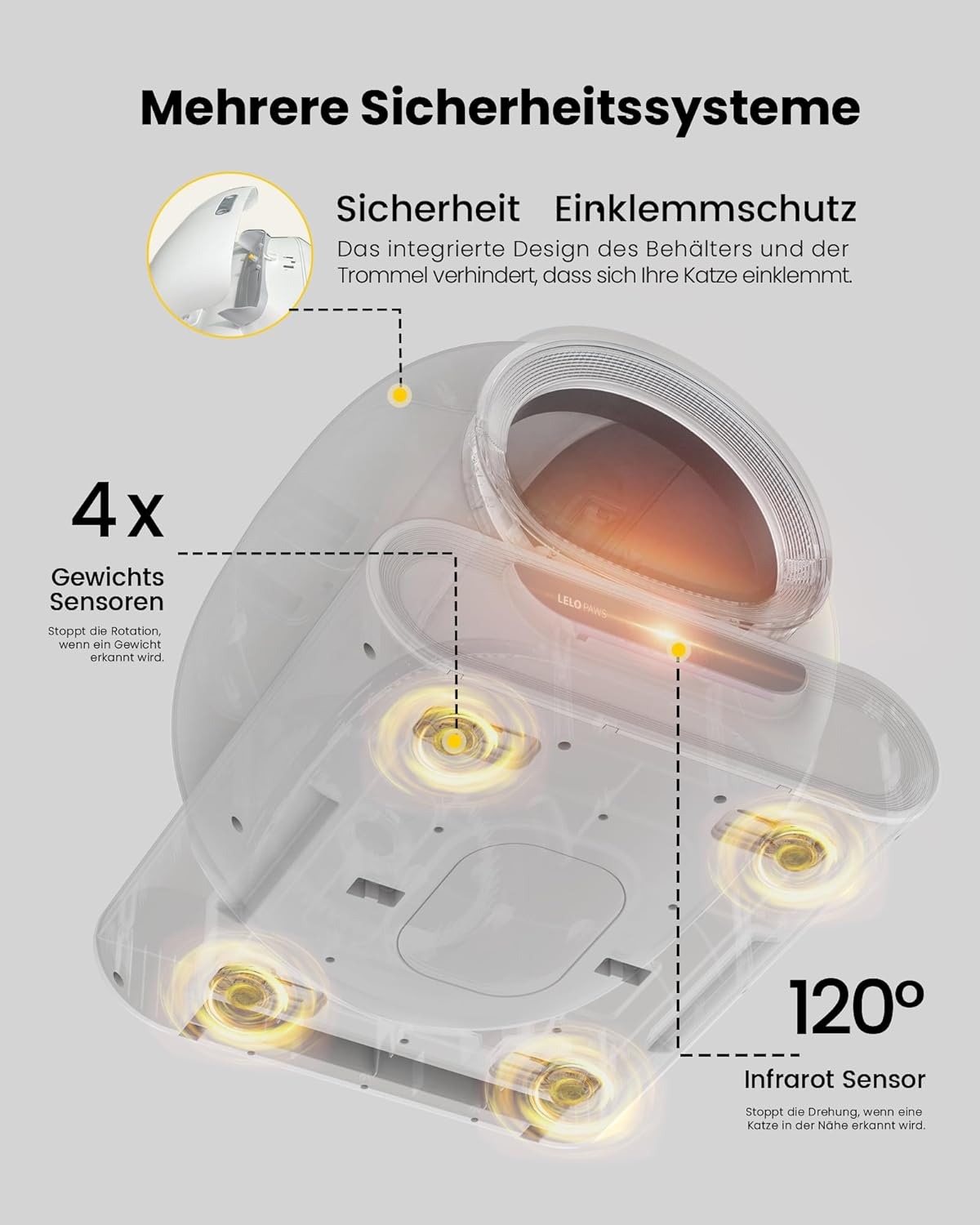 Thumbnail 3 de LELO PAWS Selbstreinigende Katzentoilette XXL – 65 L Innenraum, App-Überwachung, Türvorhang, Grau