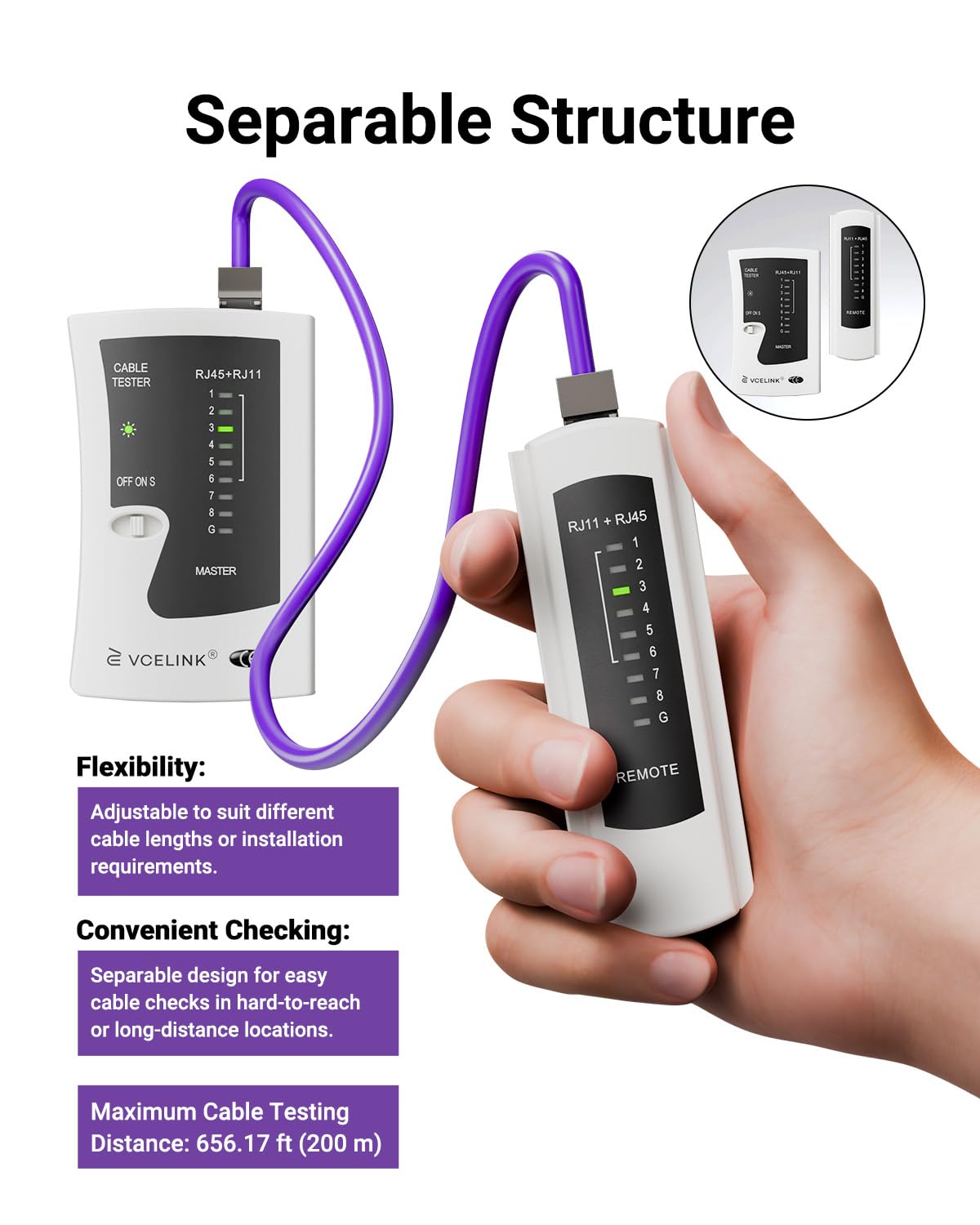 Detalle de VCELINK GJ468 Network Cable Tester – RJ45/RJ11 for Cat5–Cat7, practical tester for wiring you can trust