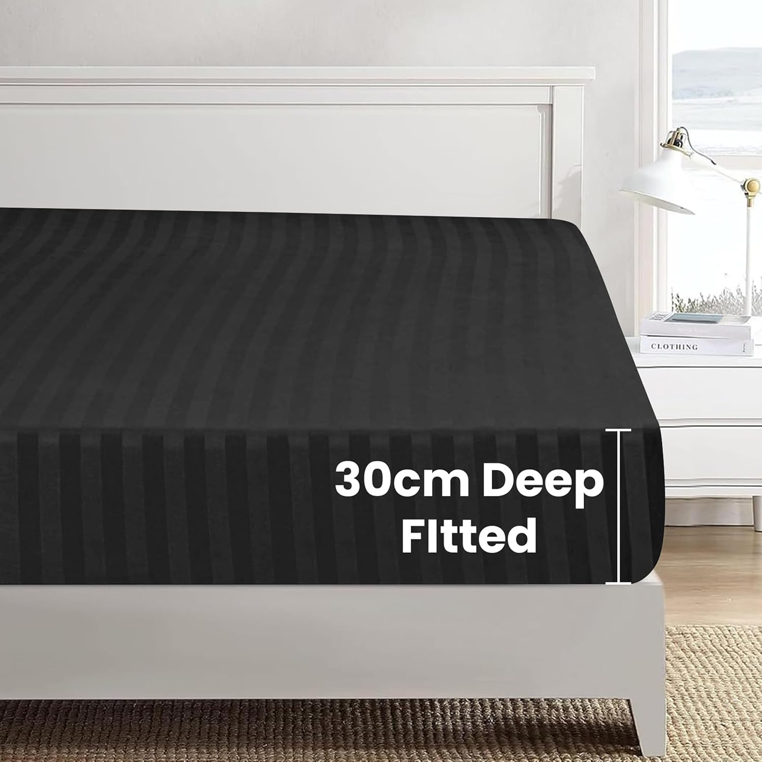 Thumbnail 2 de My home store Double Duvet Cover Set (4 pcs) Satin Stripe in Black with 30 cm deep fitted sheet