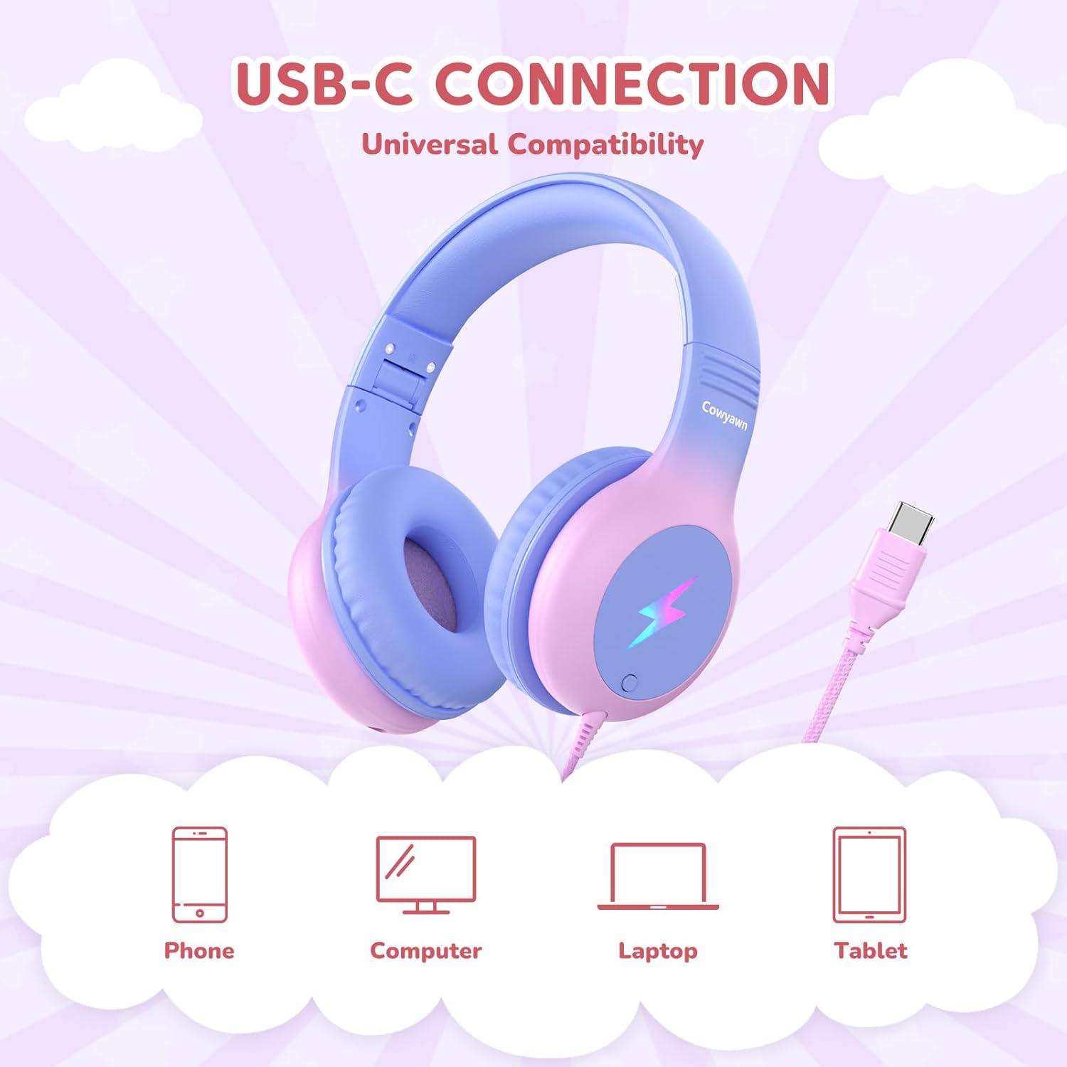 Thumbnail 2 de Cowyawn Kinder-Kopfhörer mit LED-Lichtern – USB-C Over-Ear, Mikrofon, 85/94 dB, Violet