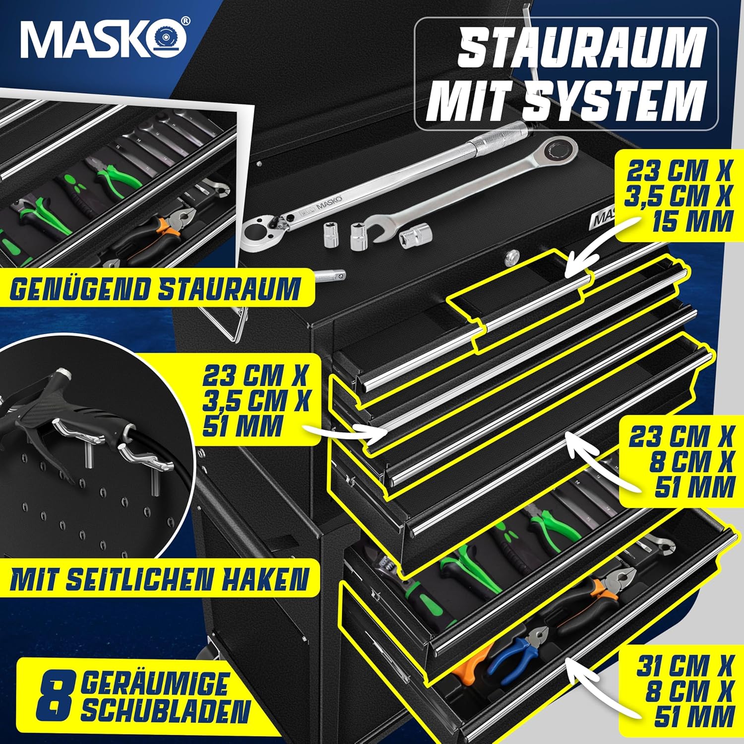 Thumbnail 3 de MASKO Werkstattwagen inkl. Koffer mit Schloss – 9 Fächer, abschließbar, Rollwagen zur Werkzeugaufbewahrung