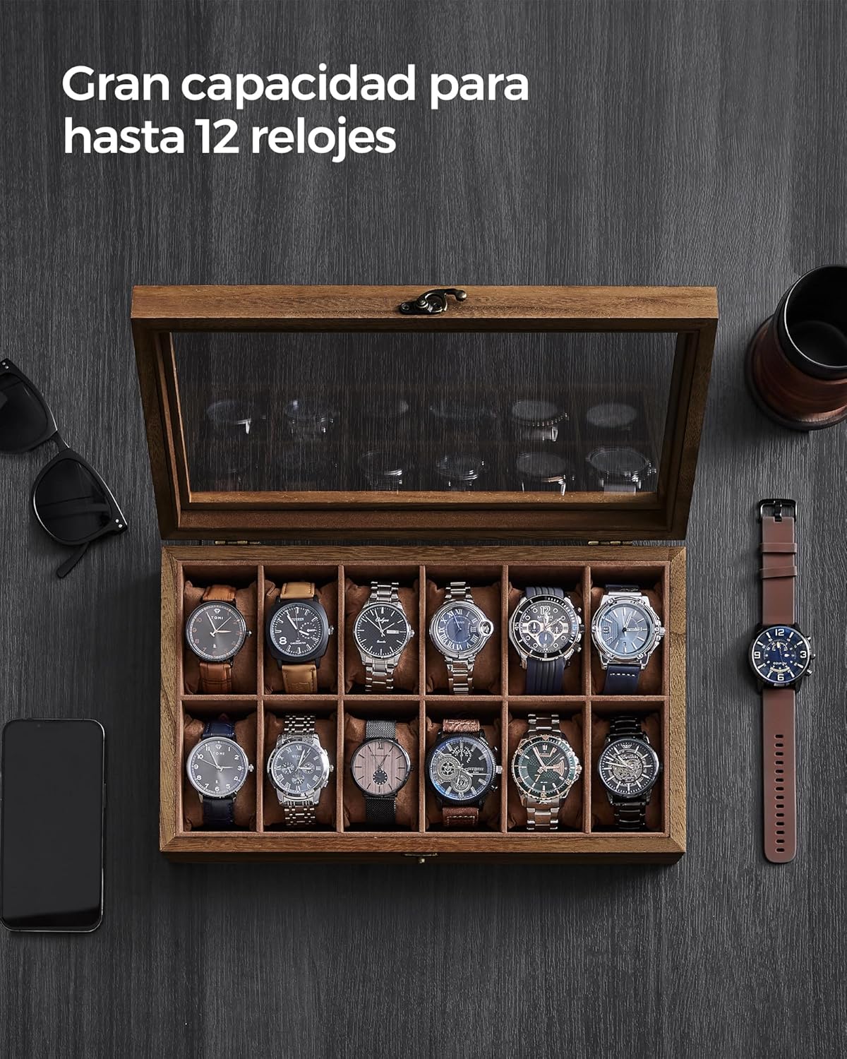 Thumbnail 3 de SONGMICS Caja para relojes 12 compartimentos Nogal