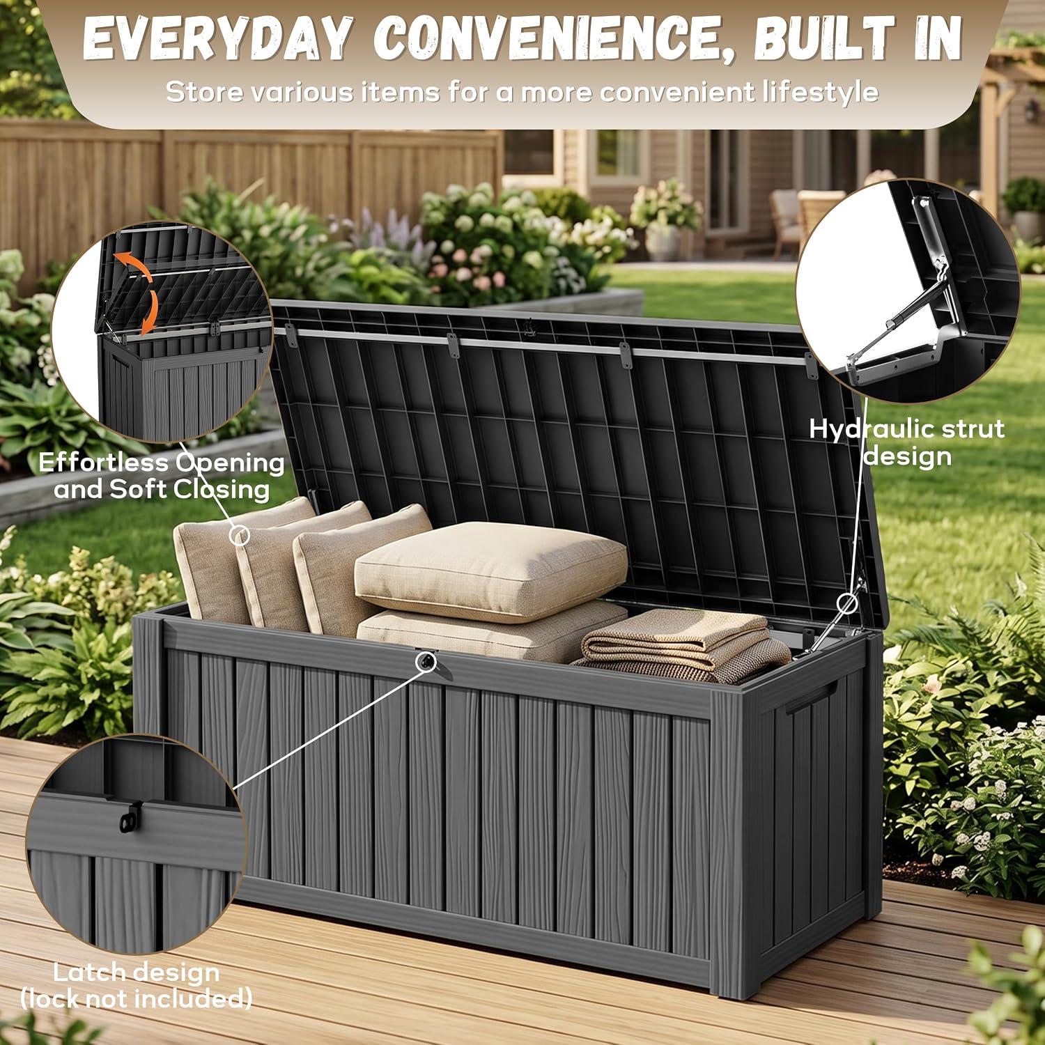 Detalle de EasyUp 220 Gallon Deck Box, Black Lockable Outdoor Storage with UV-Resistant Resin