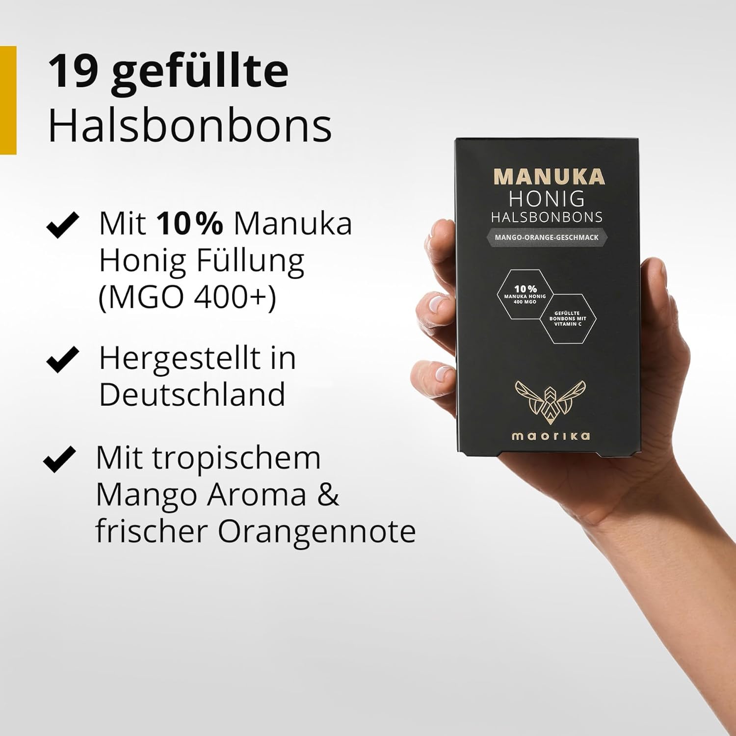 Detalle de maorika Manuka Honig Bonbons MGO 400+ mit Mango-Orangen Geschmack (100 g, 19 Stück)