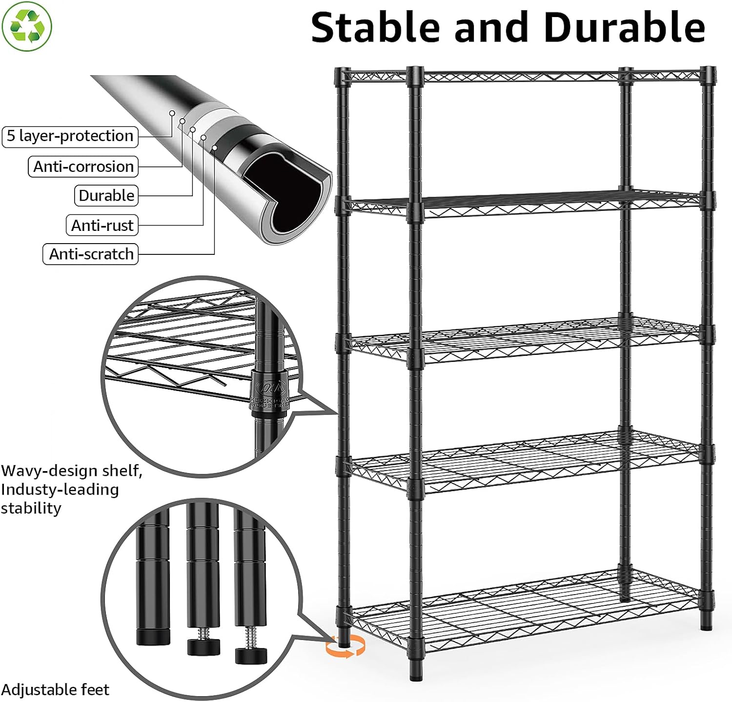 Thumbnail 3 de M MZG 1250 lbs 5-Tier Steel Storage Shelving Unit (13.7"D x 23.6"W x 62.4"H) Wire Rack Organizer