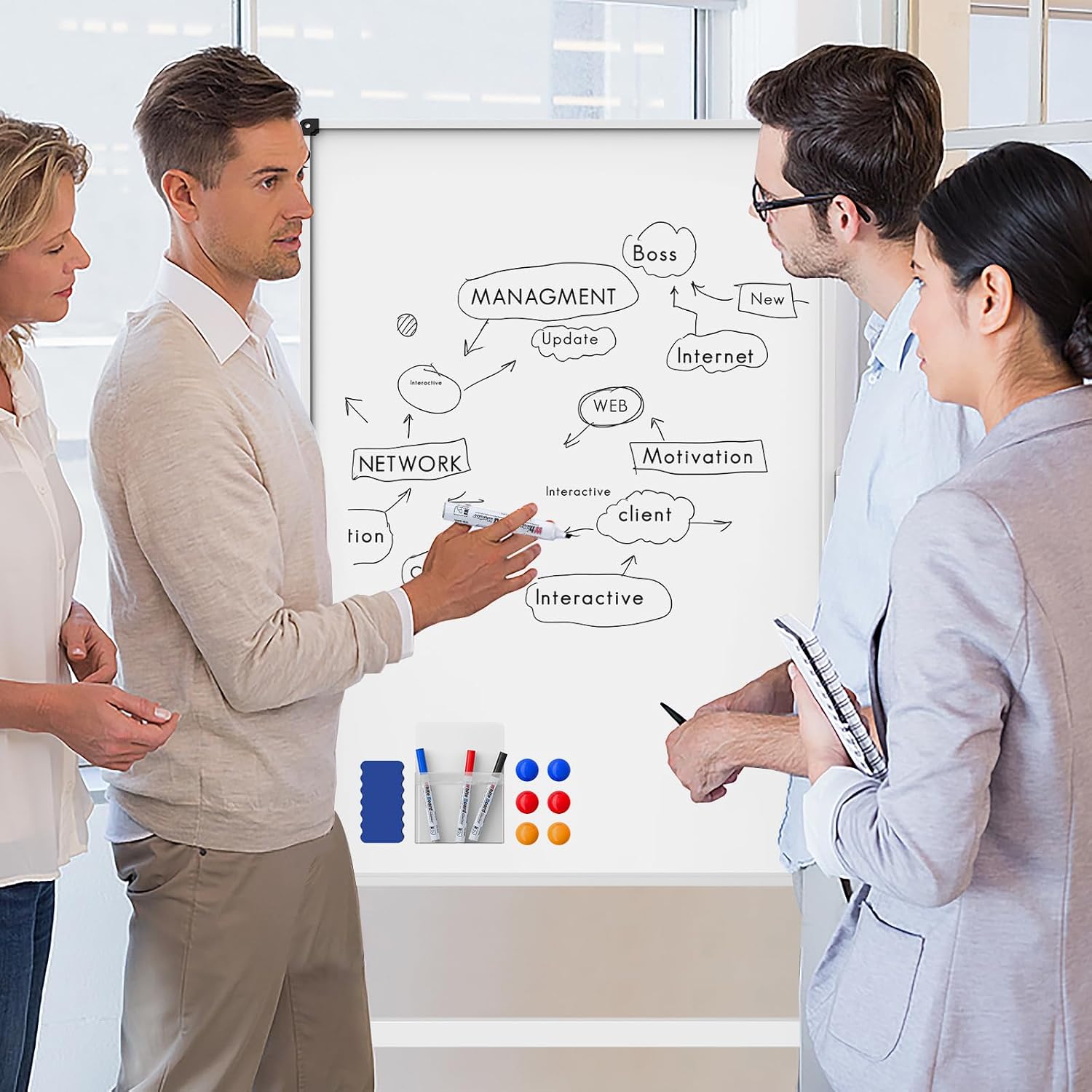 Detalle de WOREEY 48x32 Rolling Whiteboard, Double-Sided Magnetic, Height Adjustable