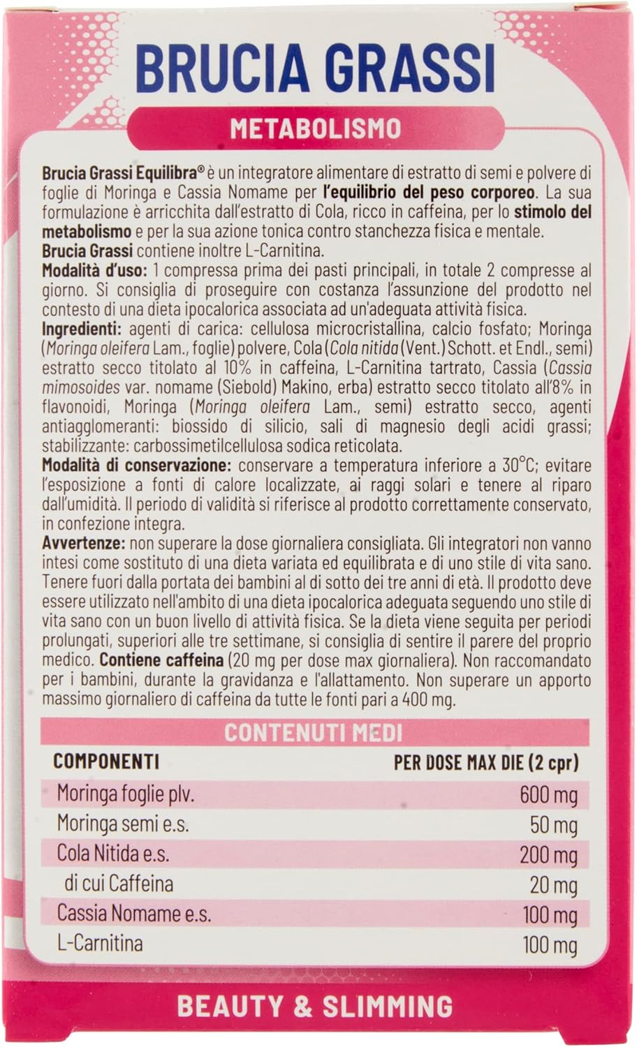 Detalle 2 de Equilibra Integratori Alimentari Perdita di Peso – 3×40 Compresse, supporto metabolico con Moringa, Cassia Nomame e Cola