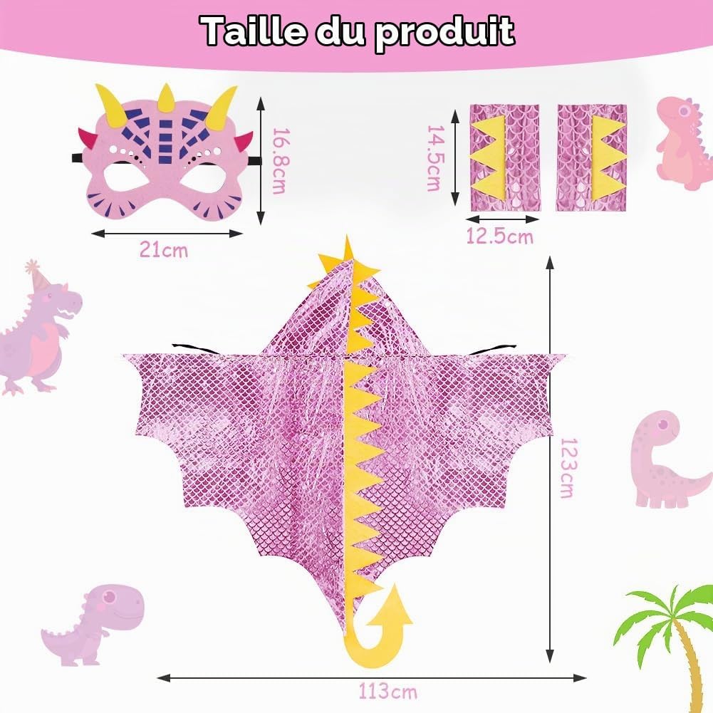 Detalle 2 de AOMIG dinosauruscape voor kinderen, roze polyester kostuum in maat 110