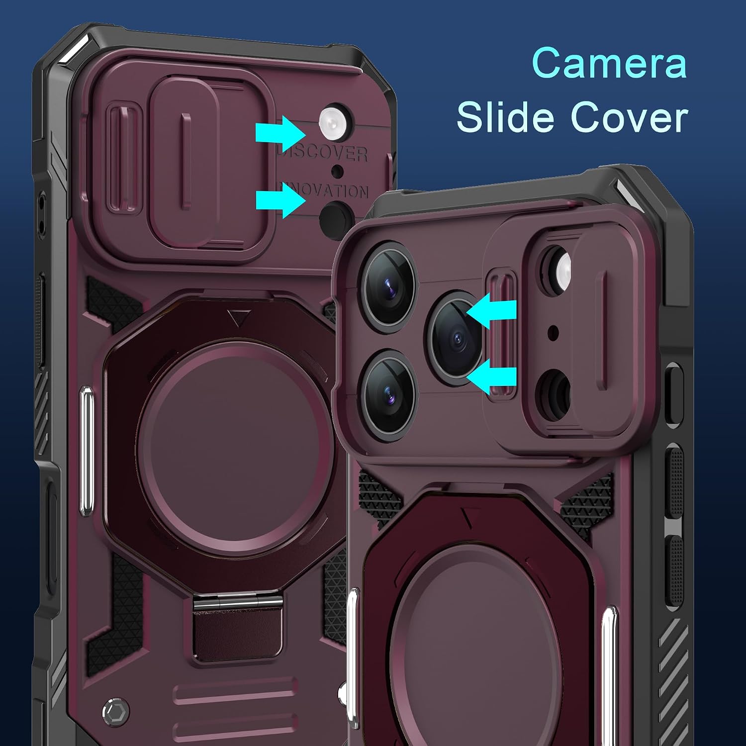 Detalle de DEERLAMN Magnetic Stand Case for iPhone 17 Pro Max, Burgundy, Camera Cover