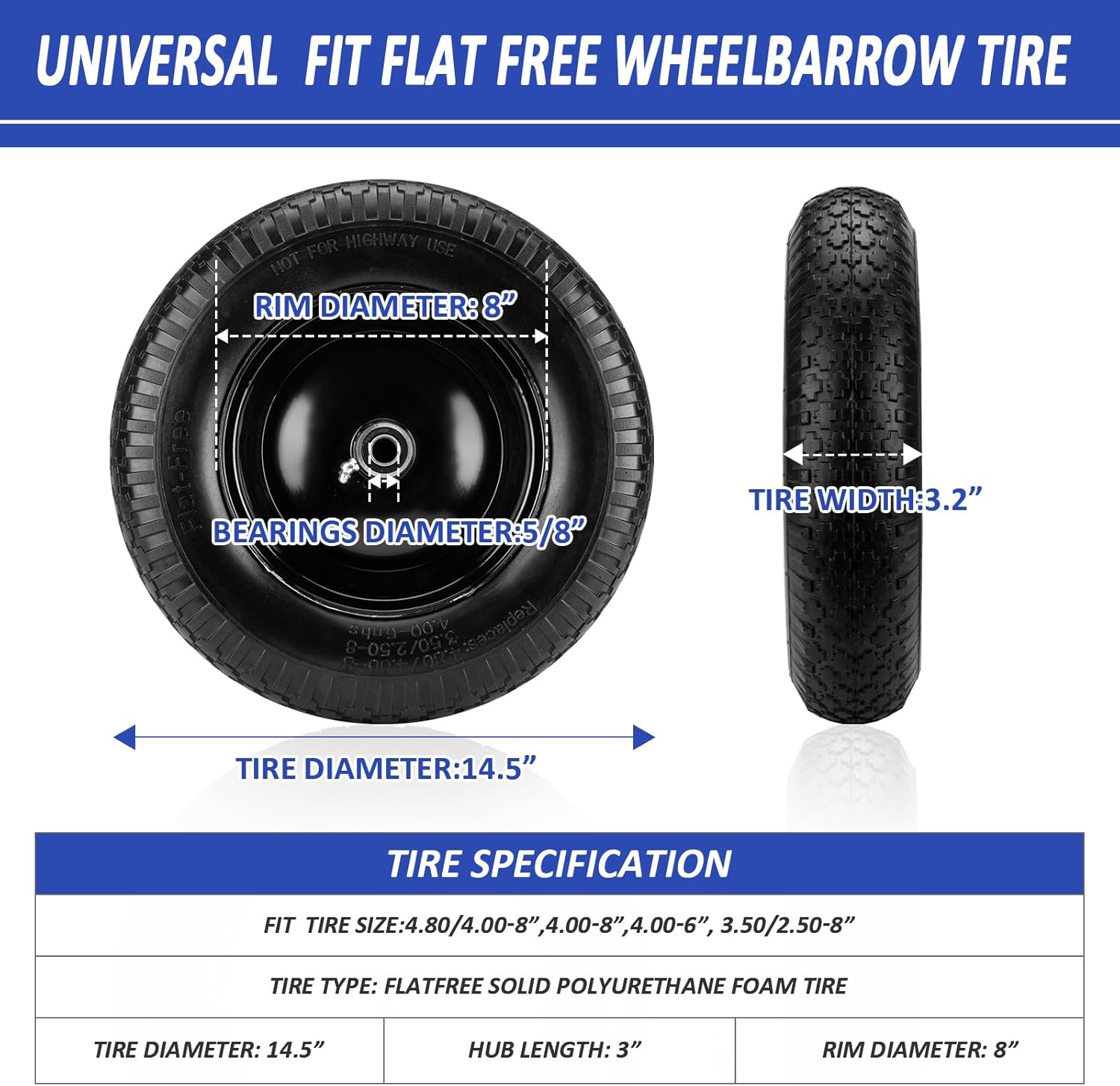 Detalle de 4.80/4.00-8" Flat Free Wheelbarrow Tire with 14.5" Wheel, Universal Hub (3" Center, 3/4" & 5/8" Bearings) — Solid Polyurethane, 300 lb Capacity