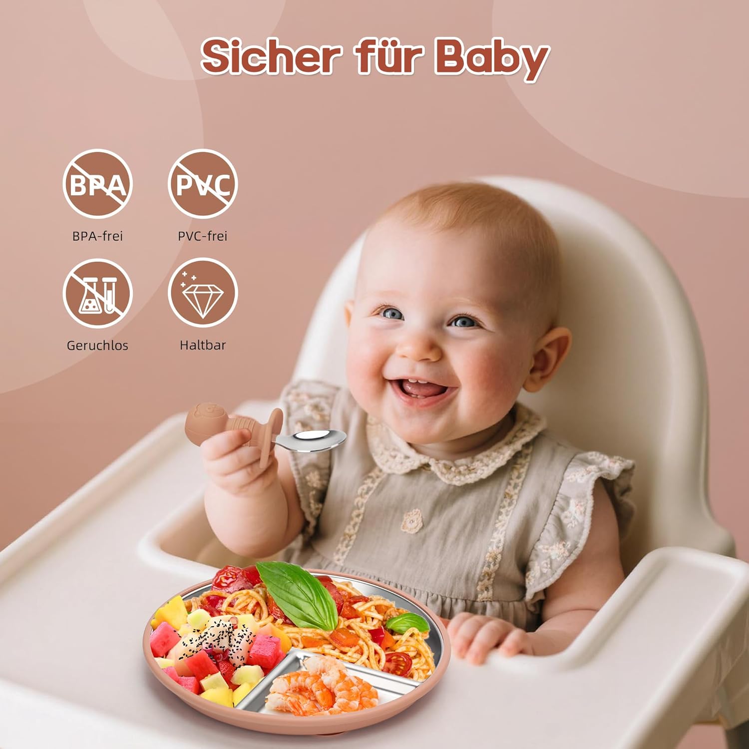Thumbnail 5 de MOJINL Baby-Teller mit Silikon-Saugnapf aus Edelstahl (304) – rutschfest, mit Unterteilungen